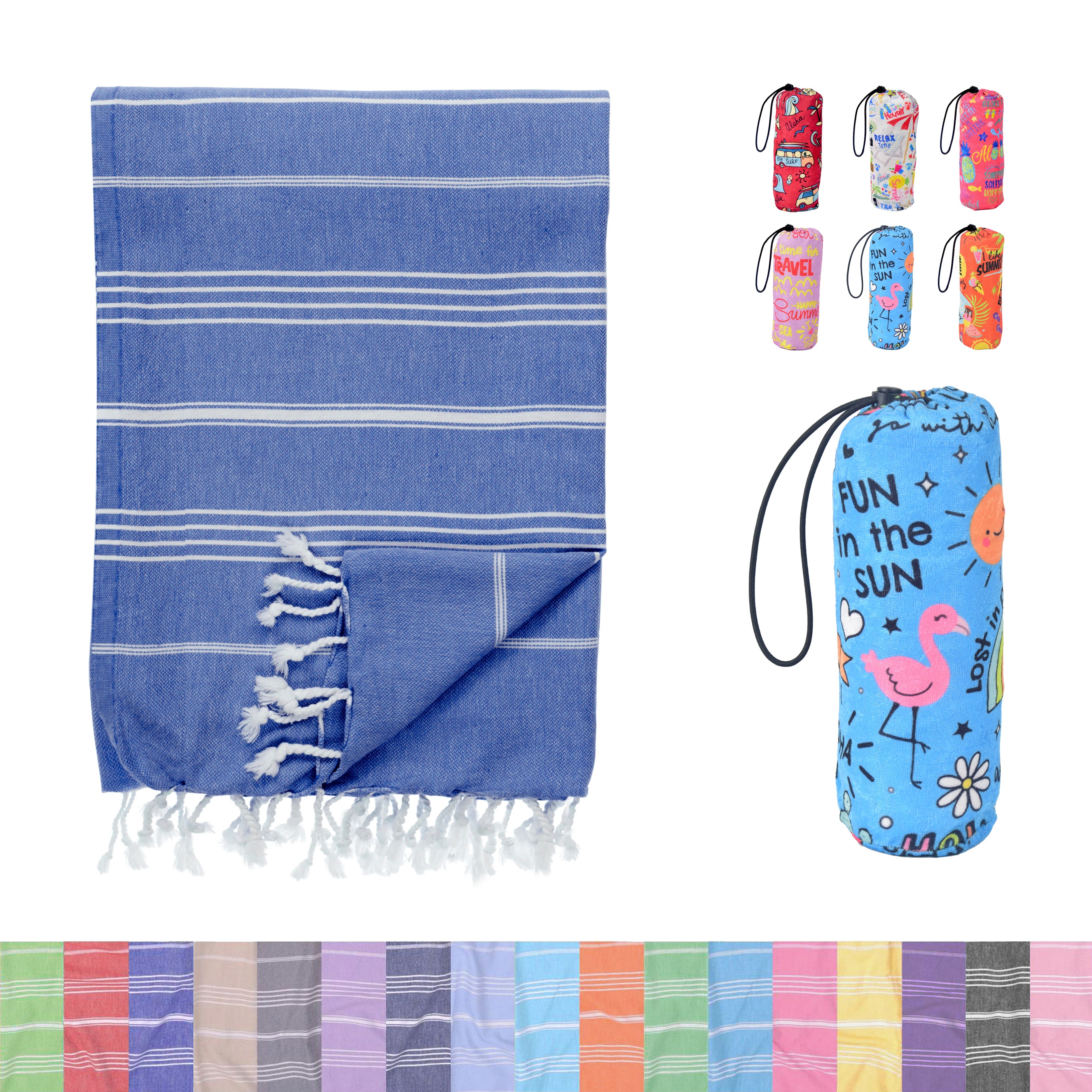 Lightweight Turkish cotton beach towel, quick-dry and packable, embroidered with a name