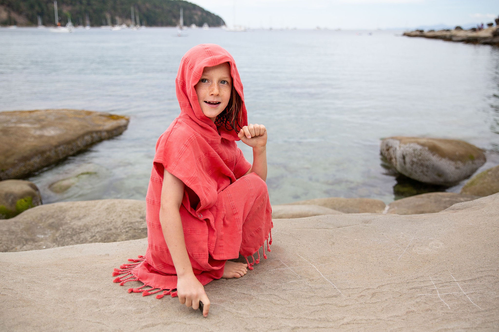 Embroidered Stonewashed Hooded Poncho for Kids, Beach Cover-up