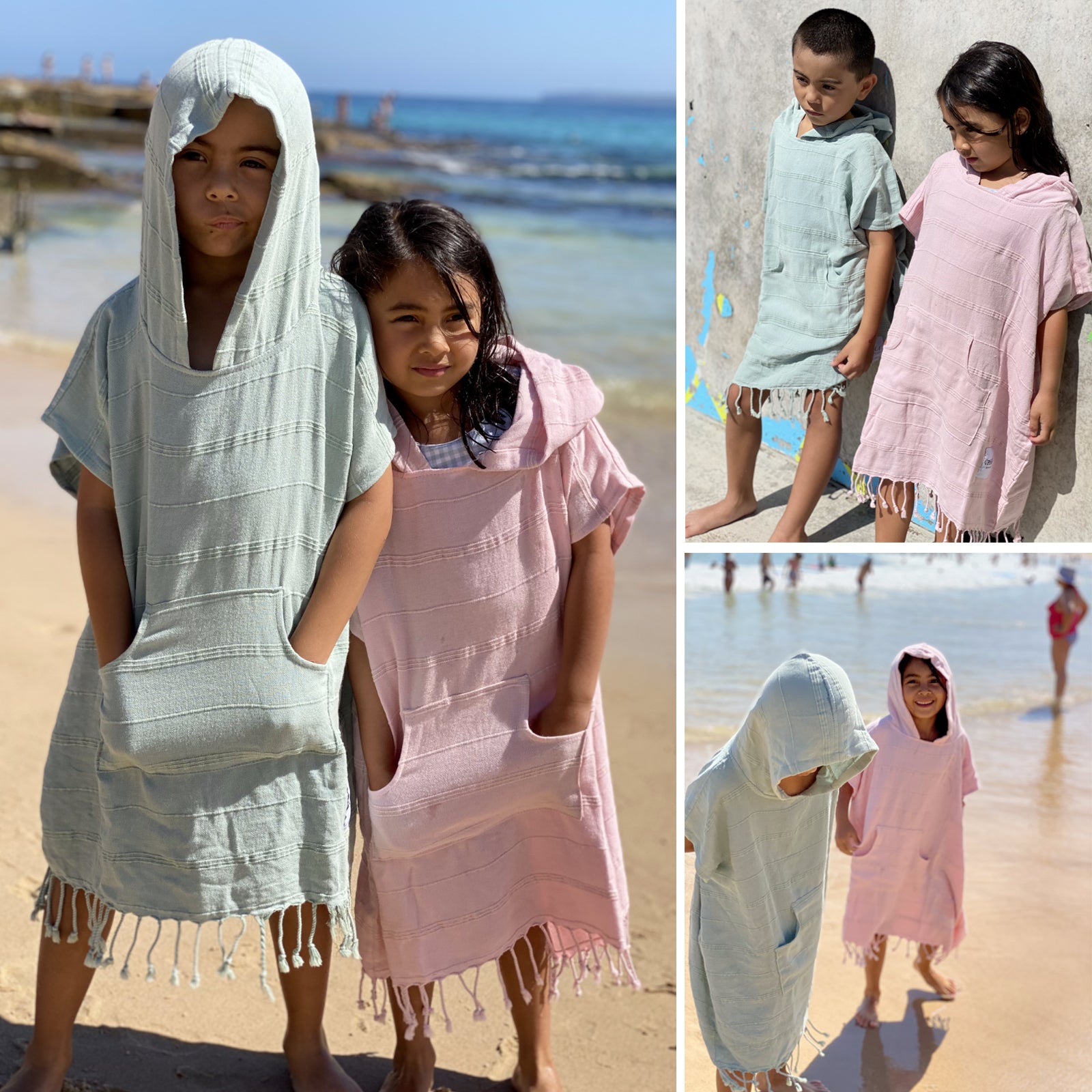 Embroidered Stonewashed Hooded Poncho for Kids, Beach Cover-up