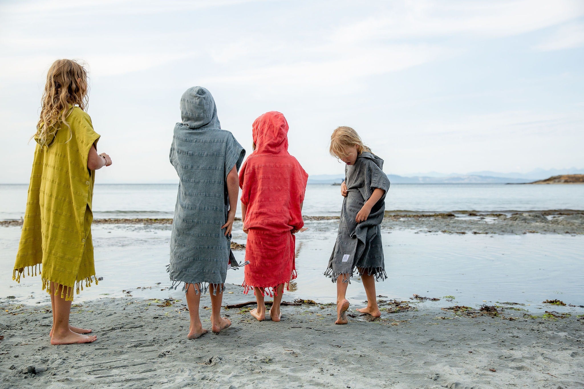 Embroidered Stonewashed Hooded Poncho for Kids, Beach Cover-up