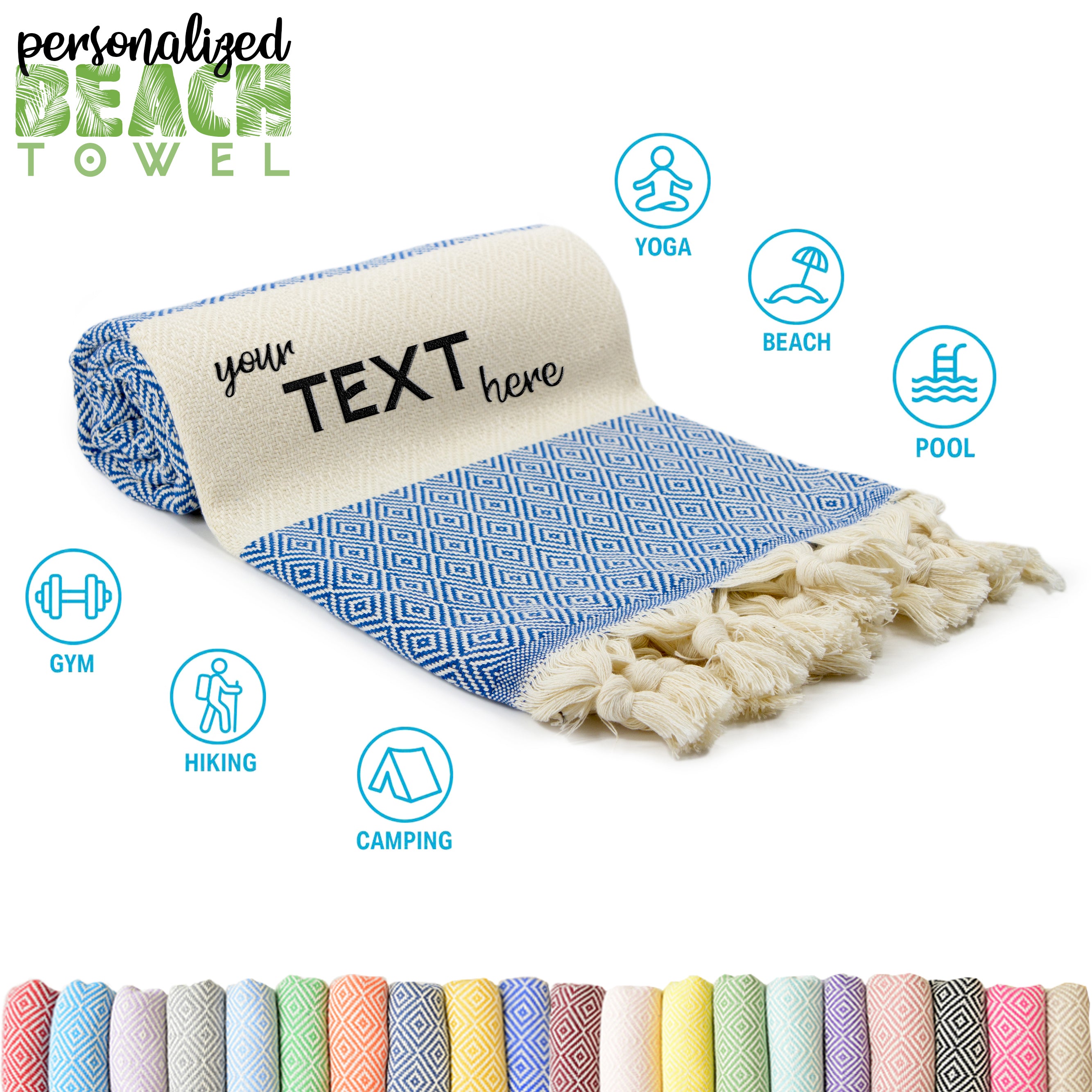 Azure Blue Turkish Beach Towel, Oversized Quick Dry Diamond Patterned Bath Towels