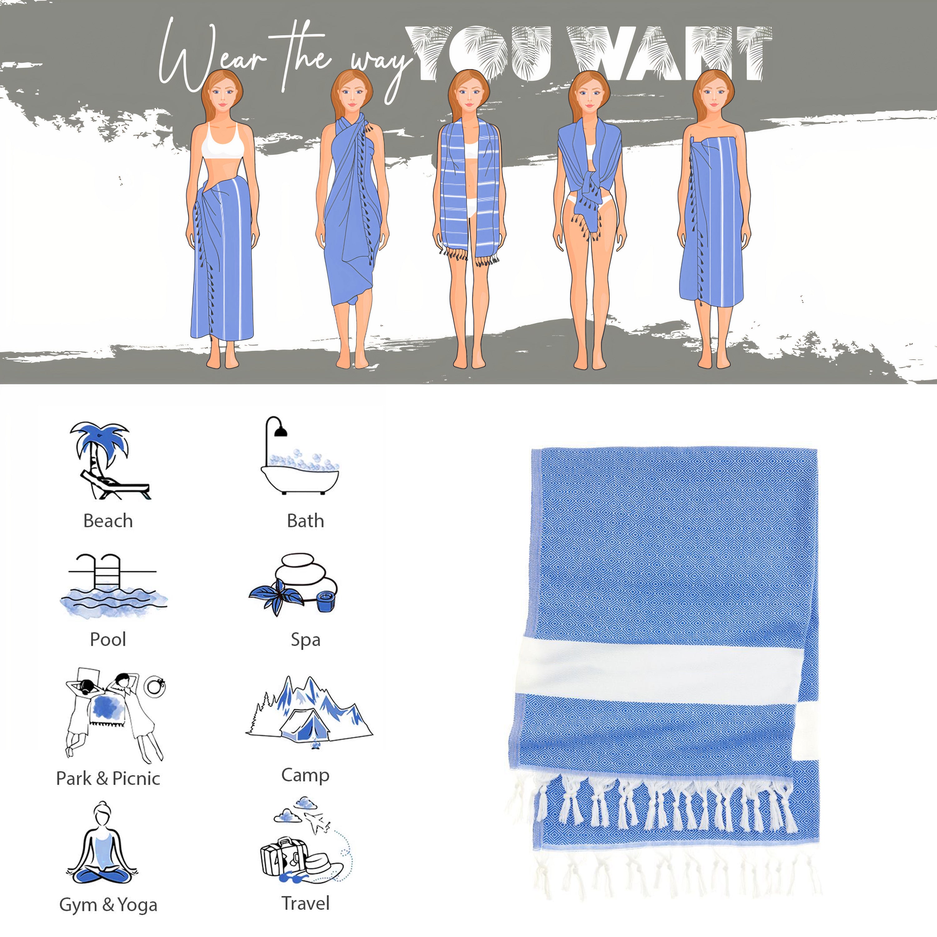 Azure Blue Turkish Beach Towel, Oversized Quick Dry Diamond Patterned Bath Towels