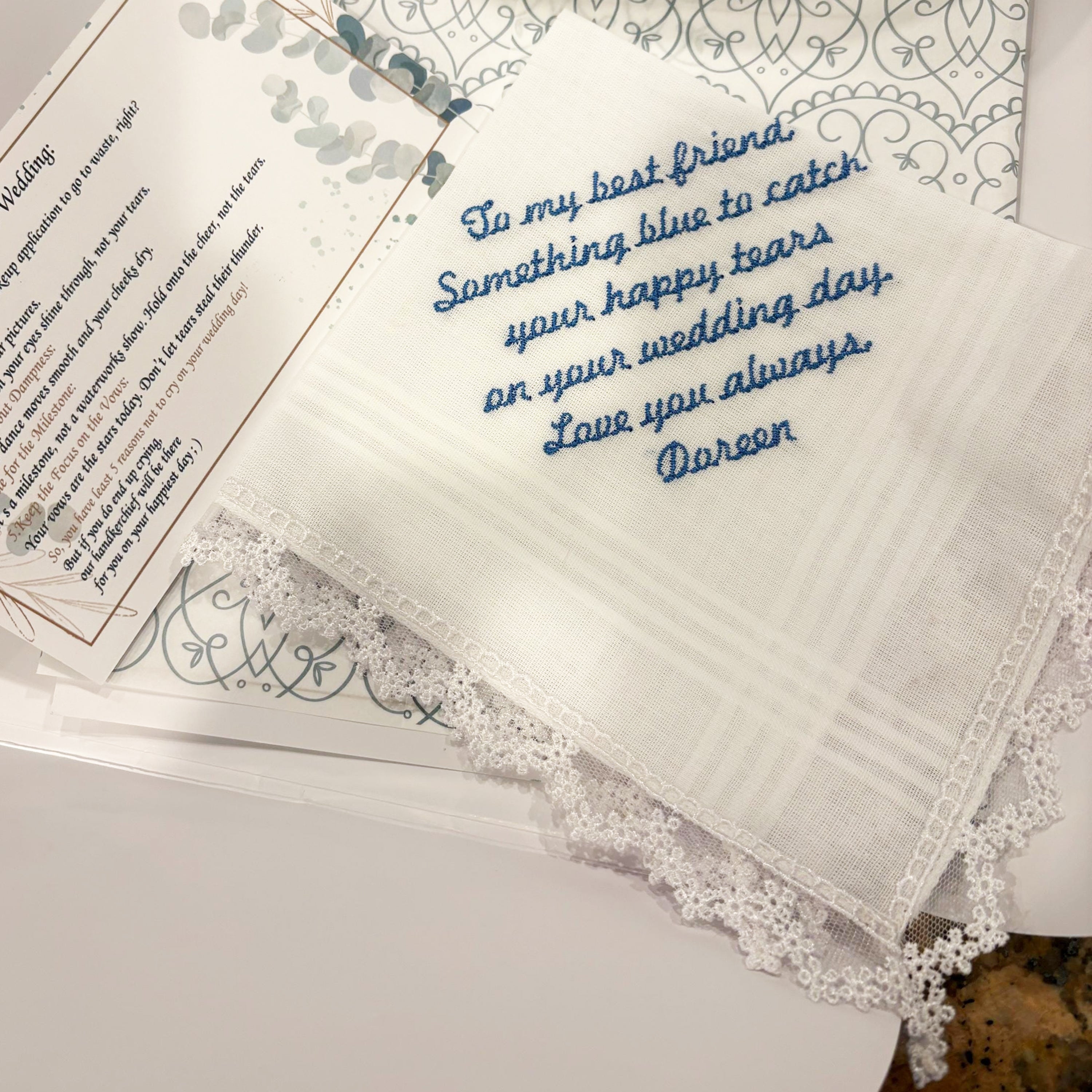 Personalized wedding handkerchief — custom embroidered keepsake by Chimariva