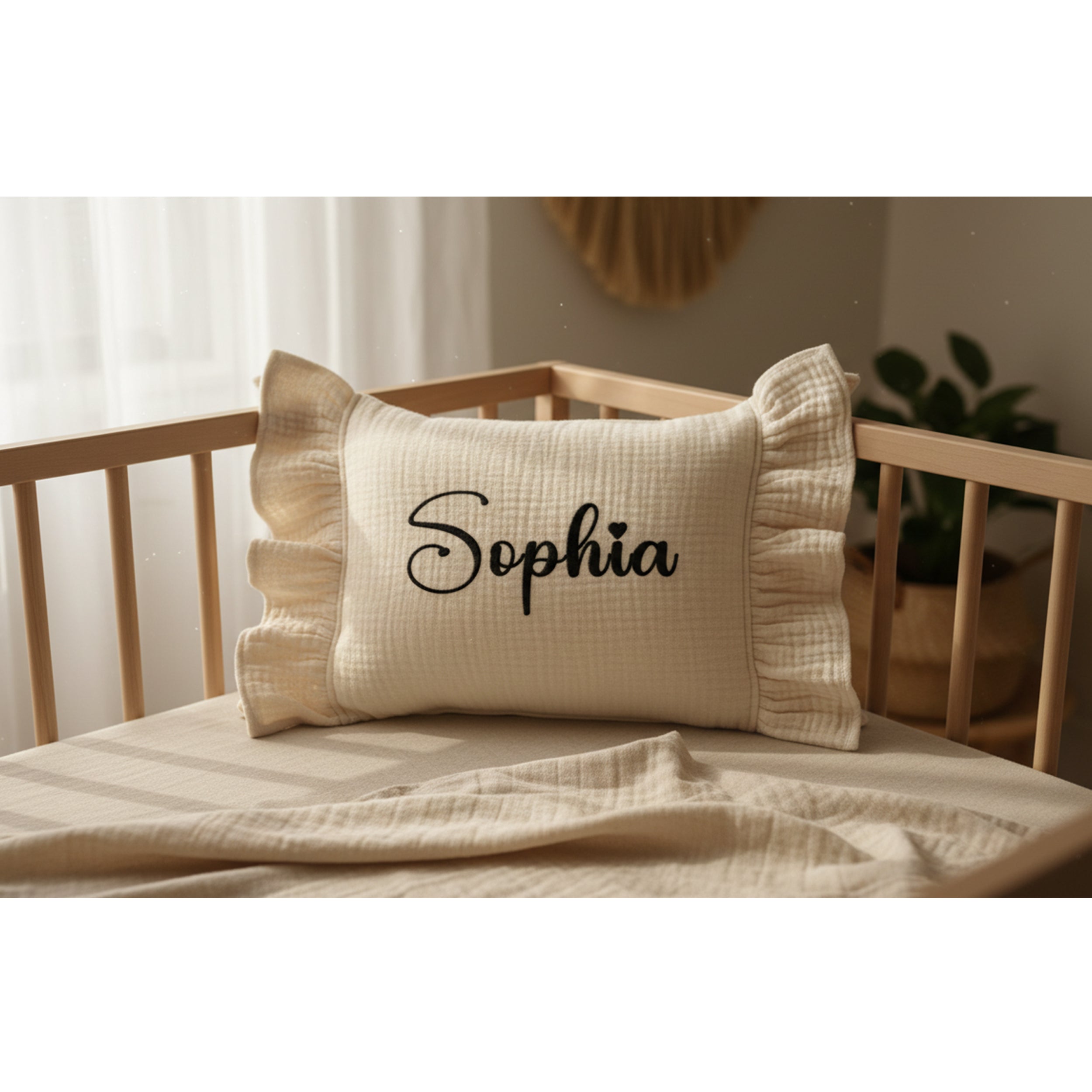 Personalized Baby Name Pillow with Ruffle, Custom Organic Muslin Embroidered Cushion, Nursery Decor Baby Girl or Boy Gift