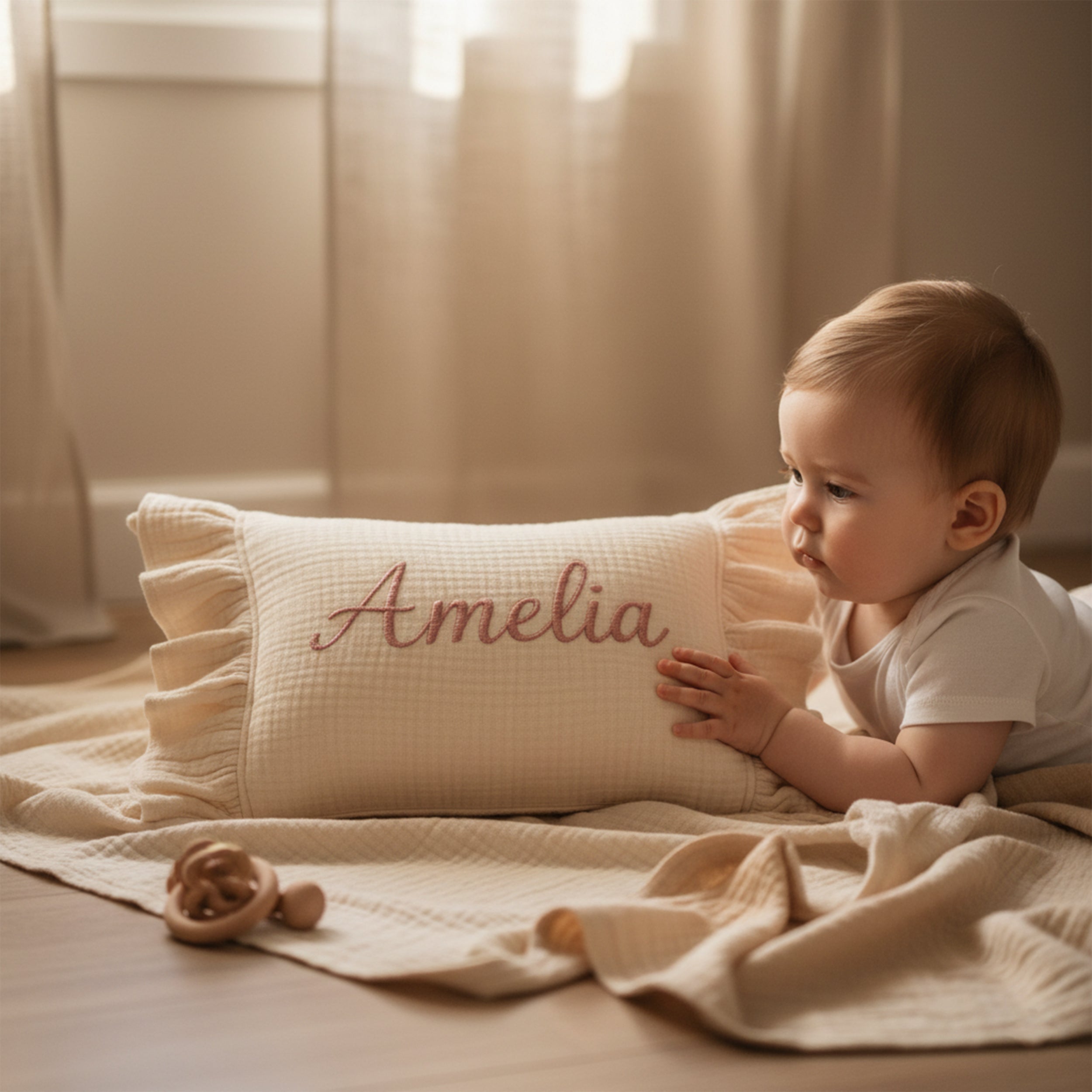Personalized Baby Name Pillow with Ruffle, Custom Organic Muslin Embroidered Cushion, Nursery Decor Baby Girl or Boy Gift