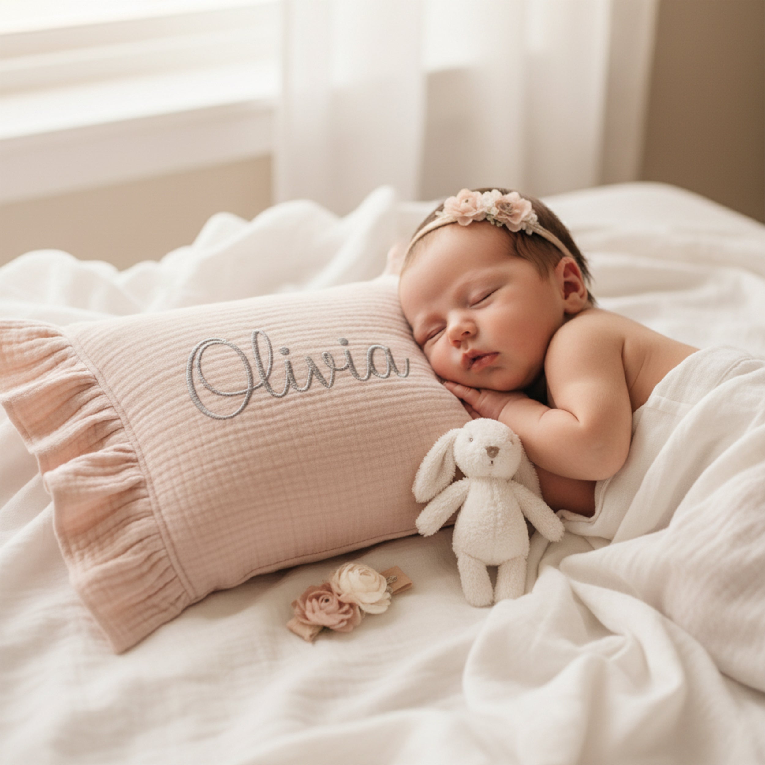 Personalized Baby Name Pillow with Ruffle, Custom Organic Muslin Embroidered Cushion, Nursery Decor Baby Girl or Boy Gift