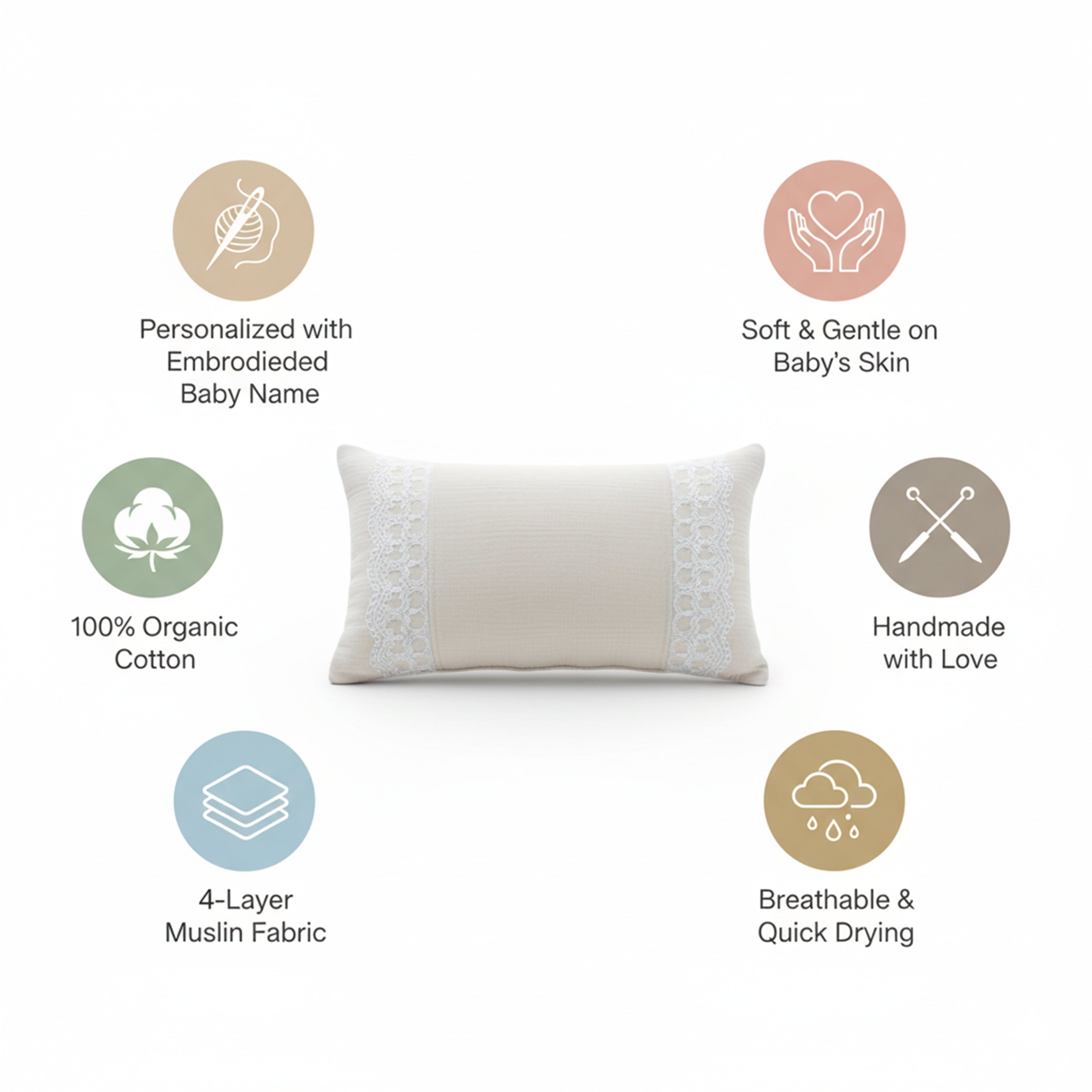 Custom Baby Name Pillow with Lace Detail, Personalized Organic Muslin Embroidered Cushion, Elegant Baby Shower Gift Idea