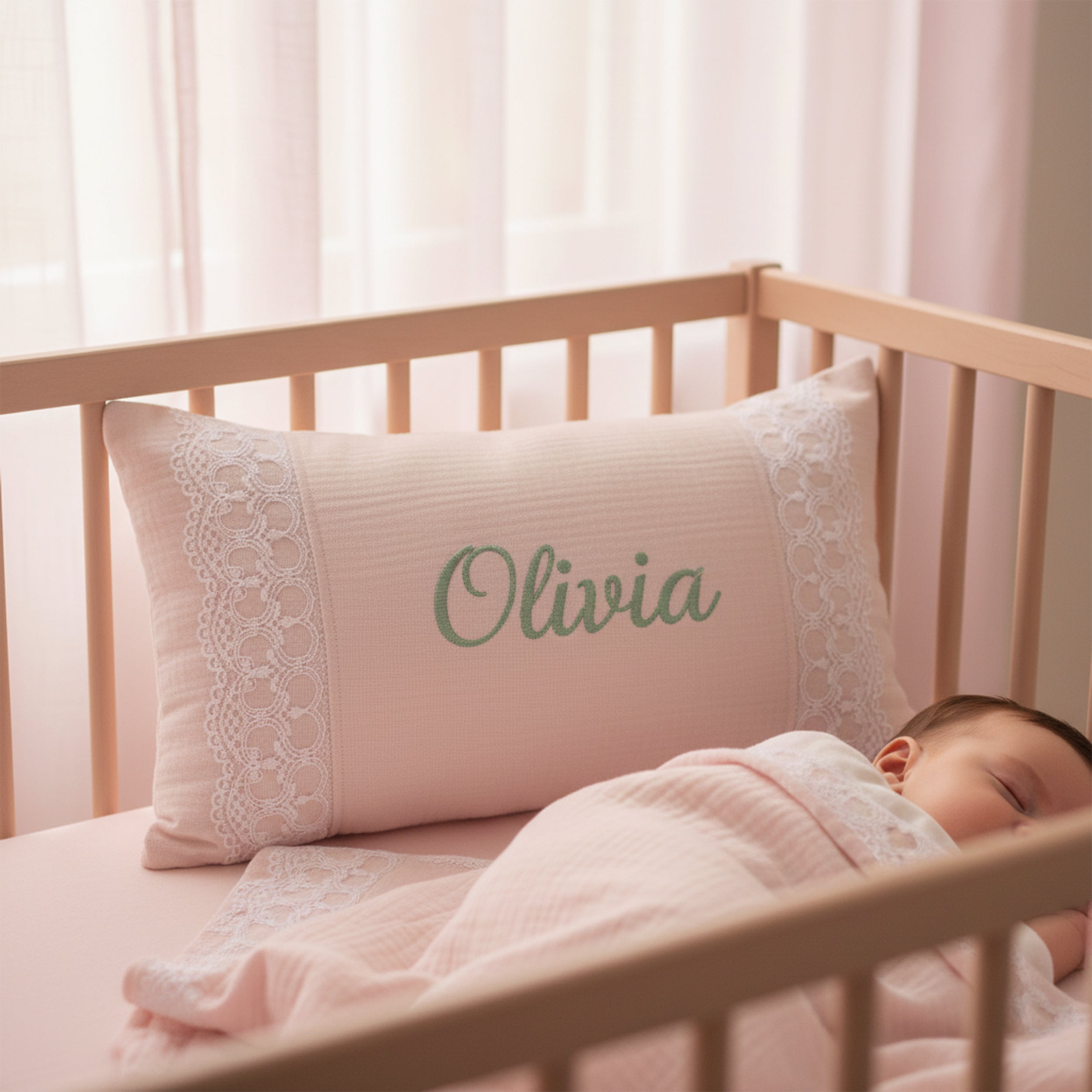 Custom Baby Name Pillow with Lace Detail, Personalized Organic Muslin Embroidered Cushion, Elegant Baby Shower Gift Idea