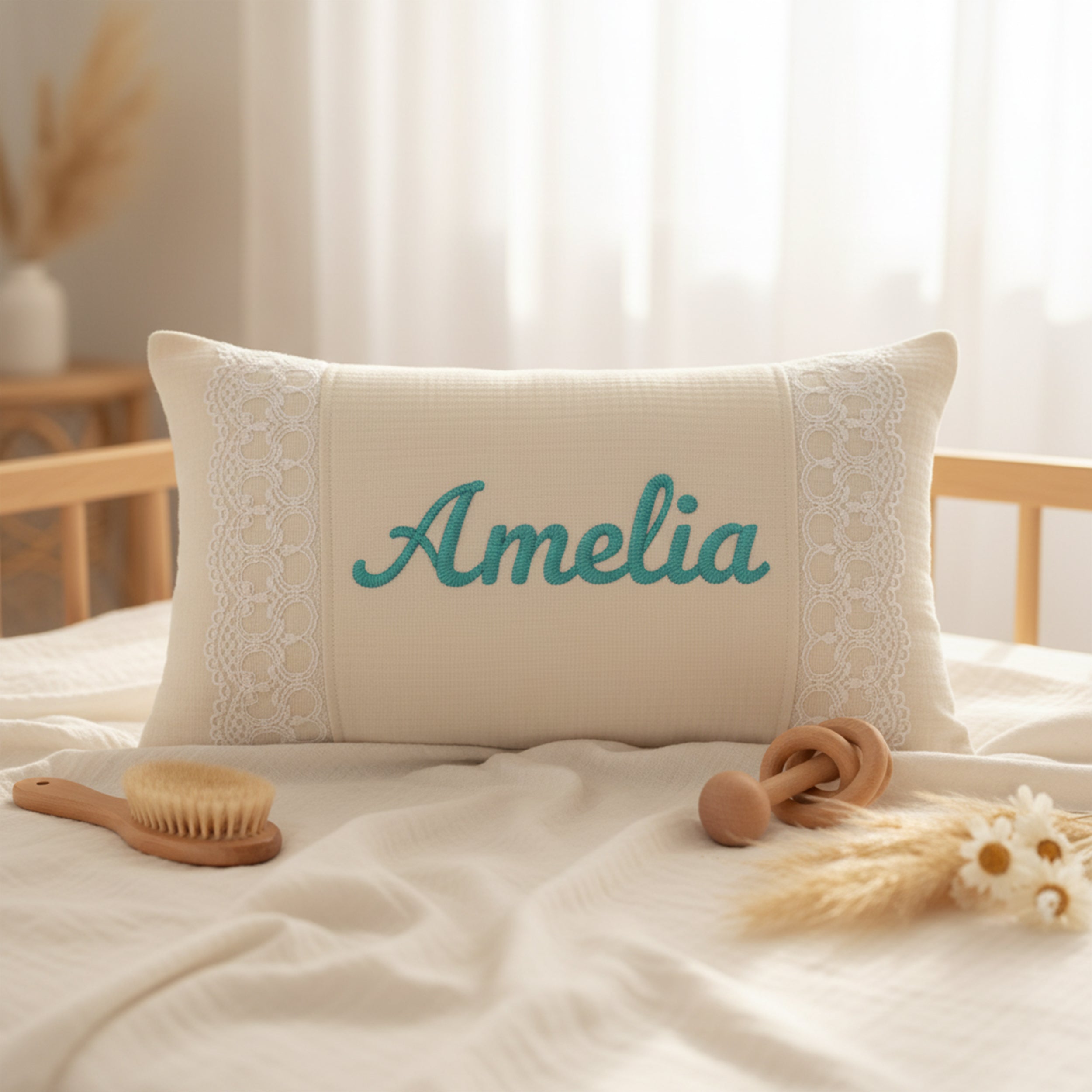 Custom Baby Name Pillow with Lace Detail, Personalized Organic Muslin Embroidered Cushion, Elegant Baby Shower Gift Idea