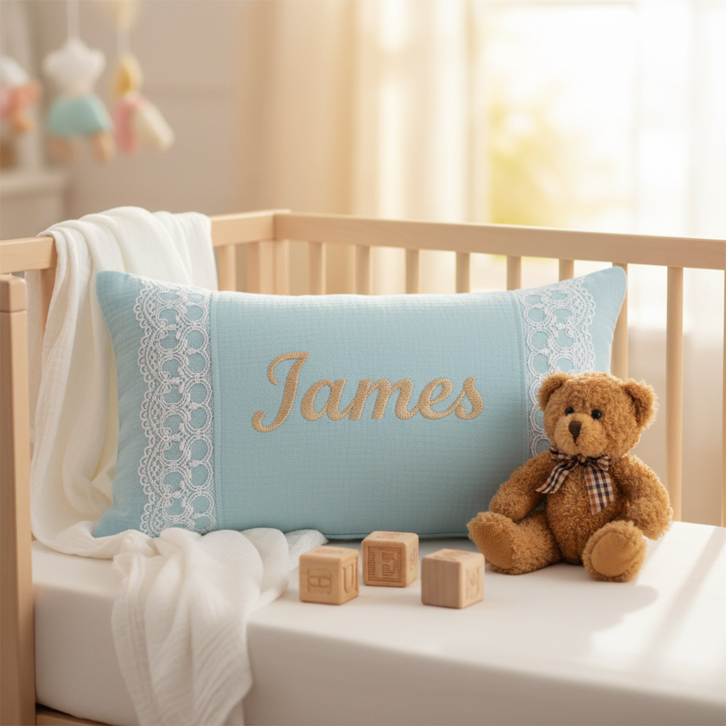 Custom Baby Name Pillow with Lace Detail, Personalized Organic Muslin Embroidered Cushion, Elegant Baby Shower Gift Idea