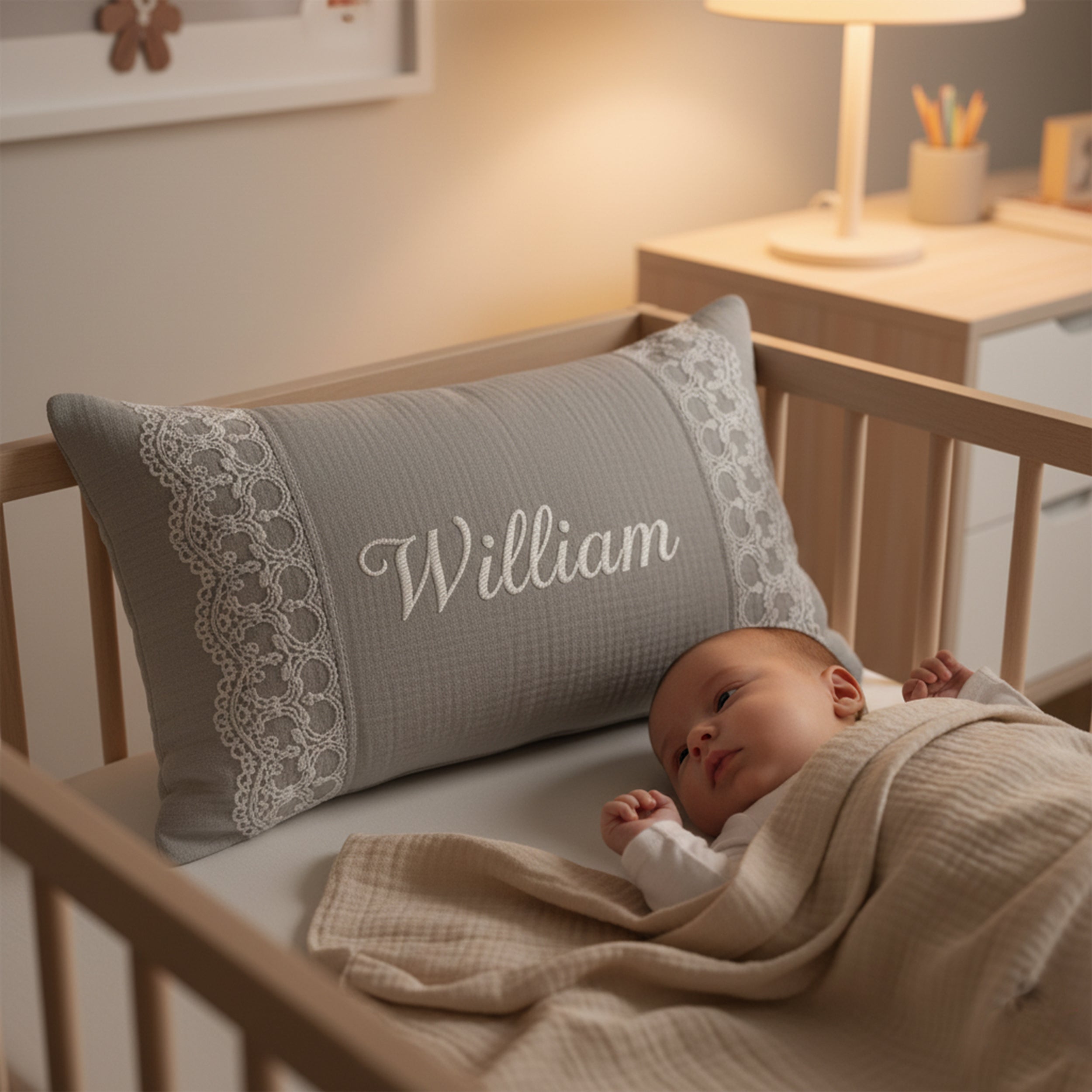 Custom Baby Name Pillow with Lace Detail, Personalized Organic Muslin Embroidered Cushion, Elegant Baby Shower Gift Idea