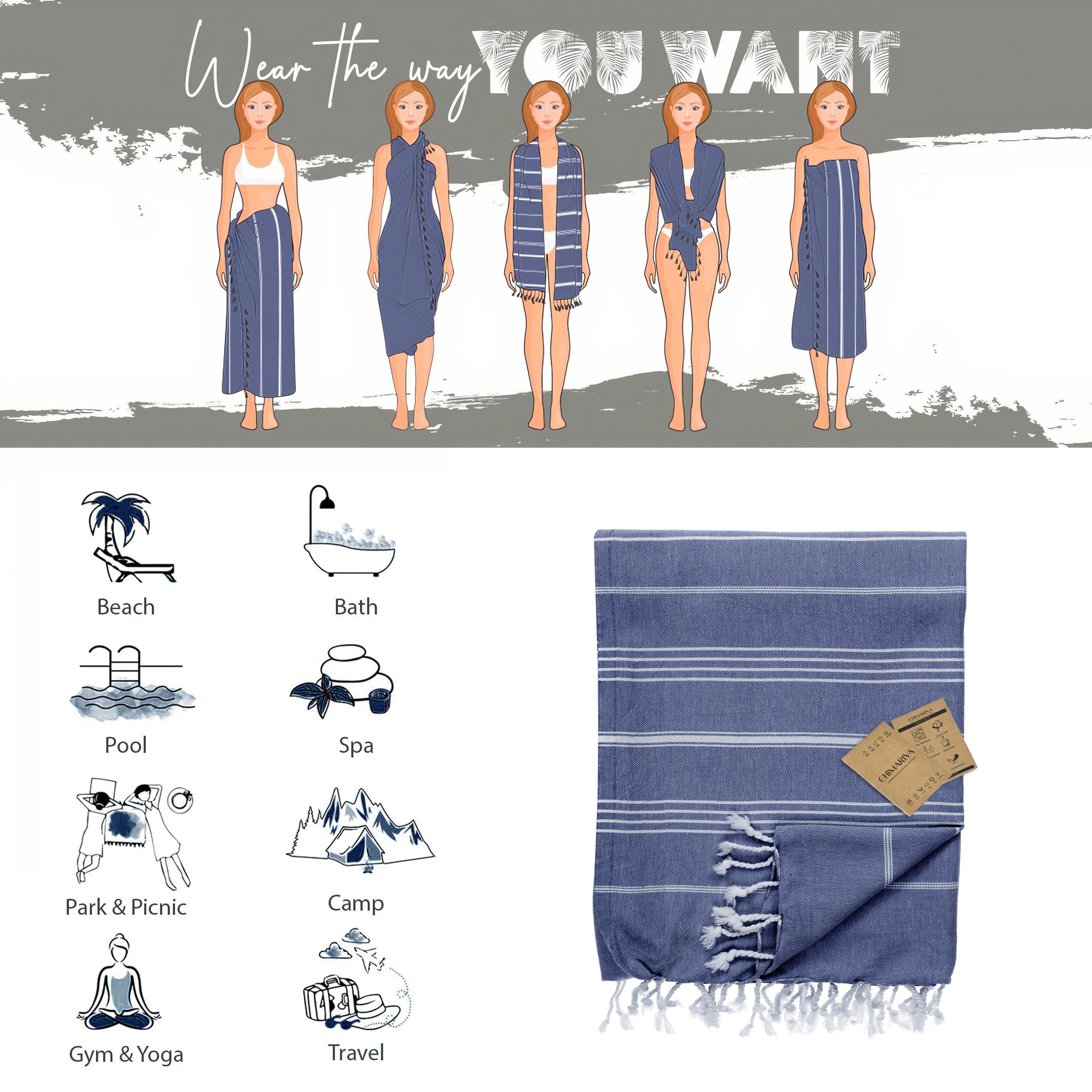 Navy Turkish Beach Towel, Oversized Quick Dry Bath Towels
