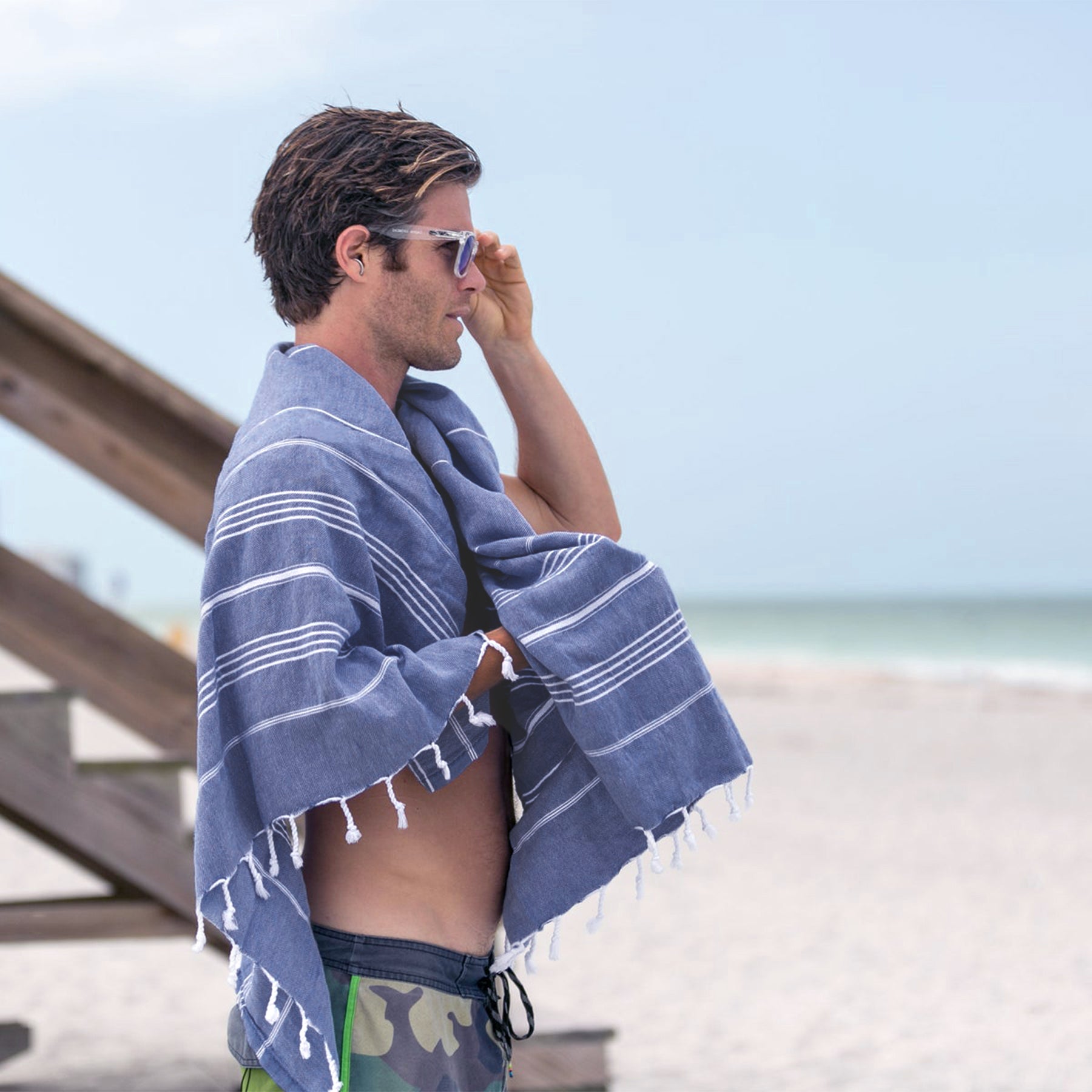 Navy Turkish Beach Towel, Oversized Quick Dry Bath Towels