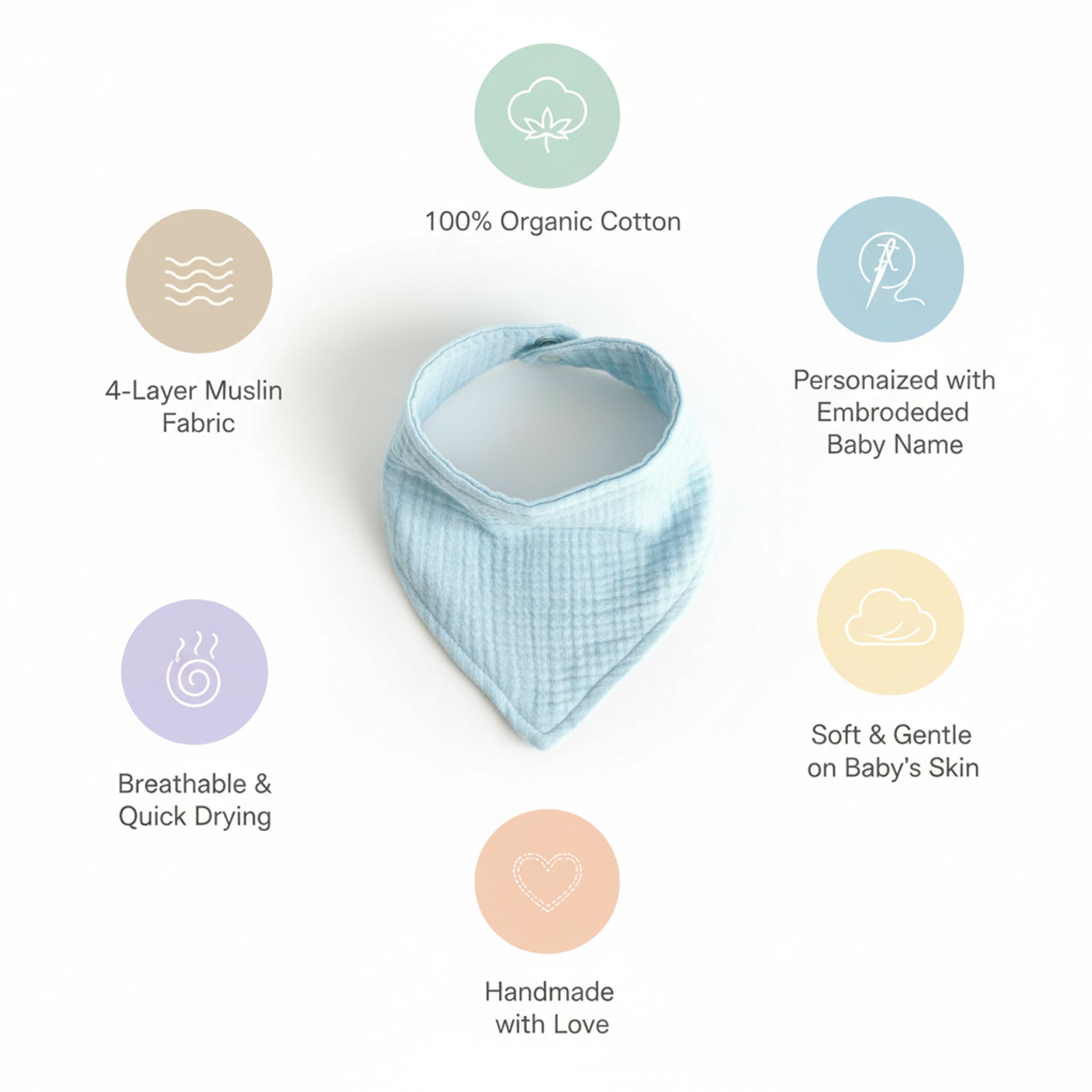 Personalized Baby Bib with Embroidered Name, Organic Muslin Drool Cloth, Custom Newborn Gift, Soft Bandana Style for Babies