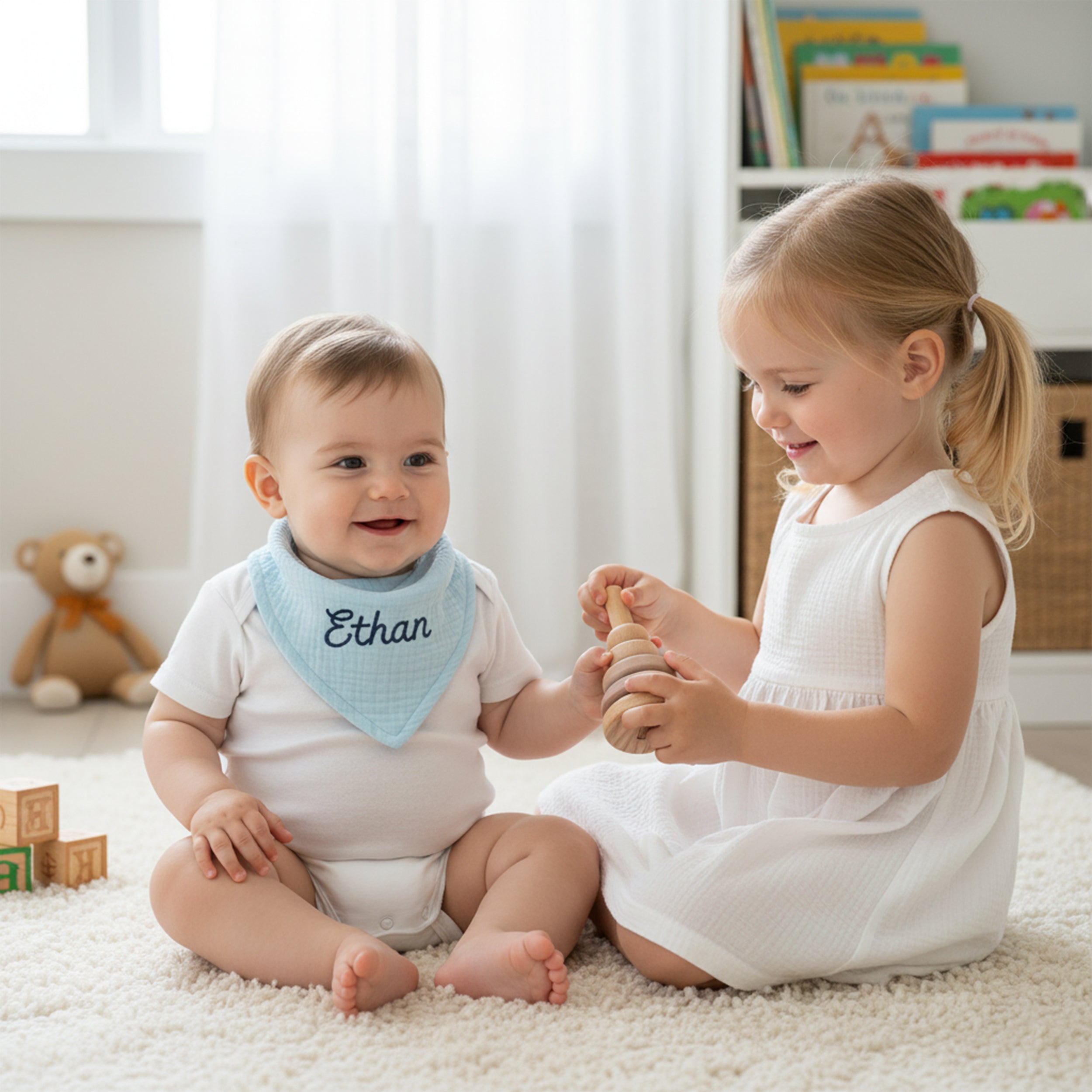 Personalized Baby Bib with Embroidered Name, Organic Muslin Drool Cloth, Custom Newborn Gift, Soft Bandana Style for Babies