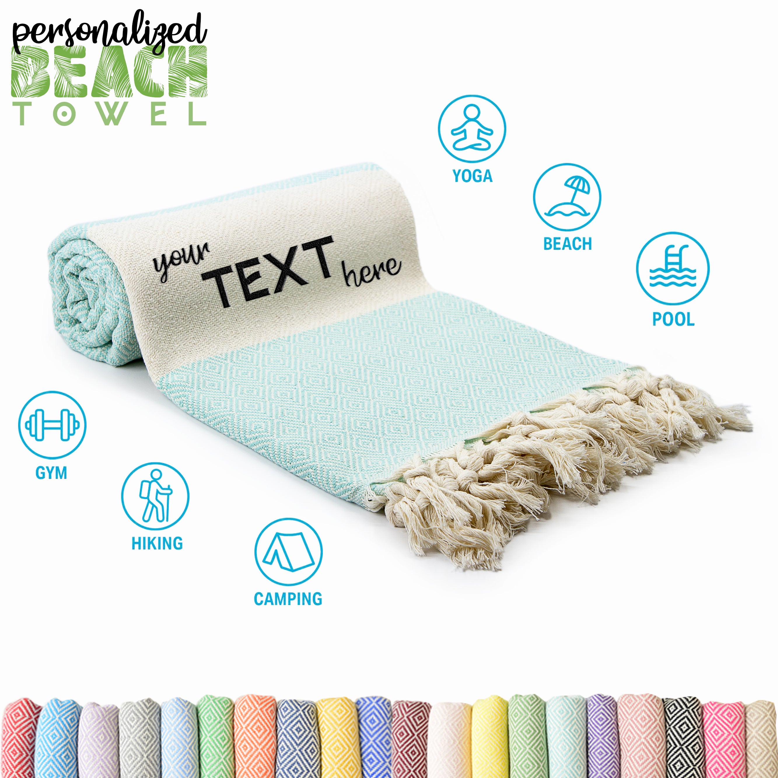 Mint Turkish Beach Towel, Oversized Quick Dry Diamond Patterned Bath Towels