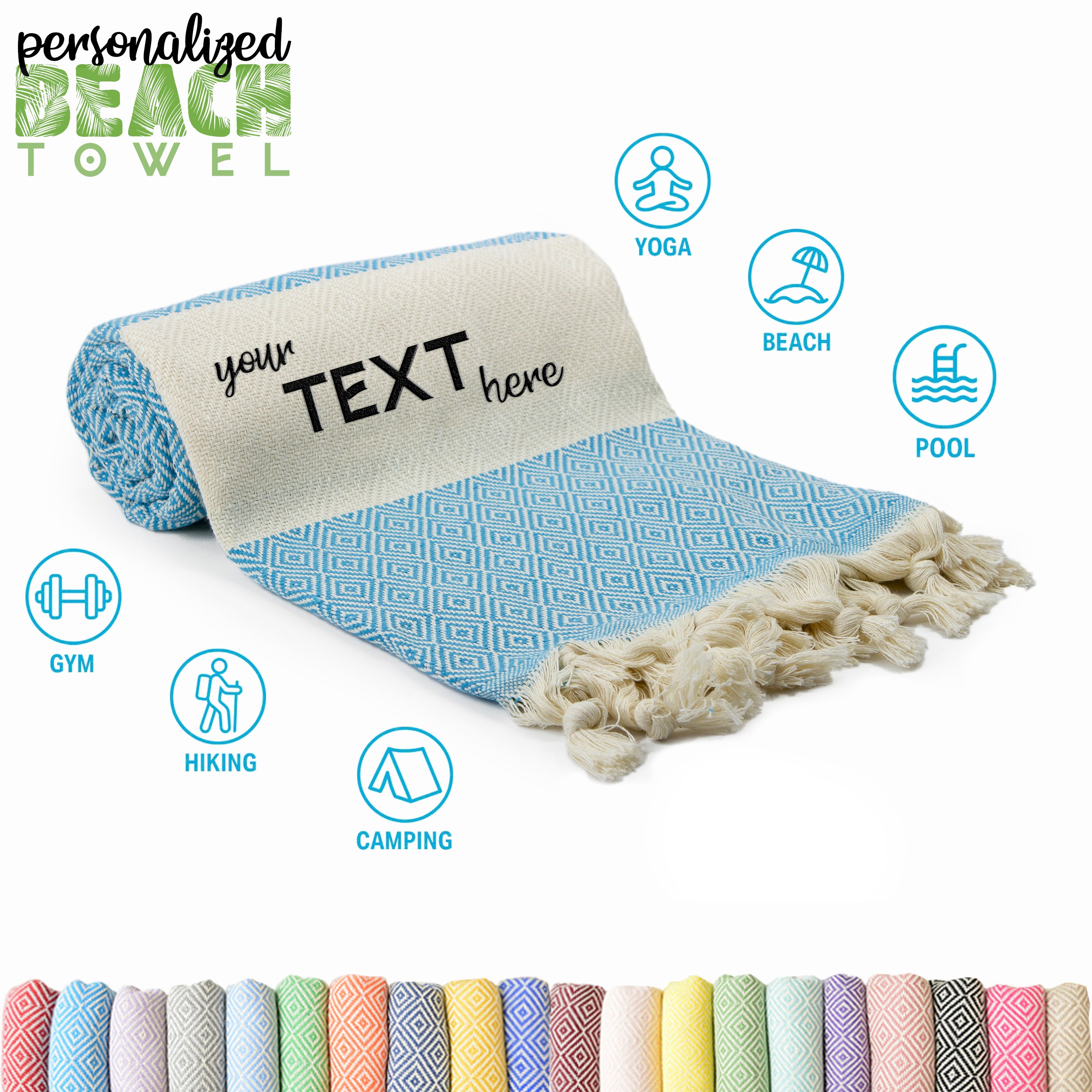 Turquoise Turkish Beach Towel, Oversized Quick Dry Diamond Patterned Bath Towels