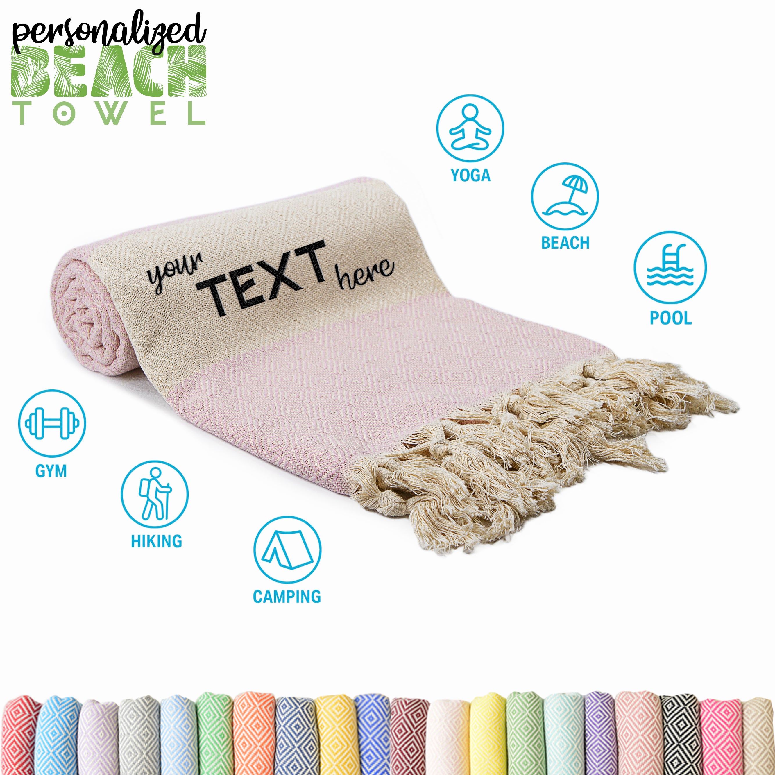 Baby Pink Turkish Beach Towel, Oversized Quick Dry Diamond Patterned Bath Towels