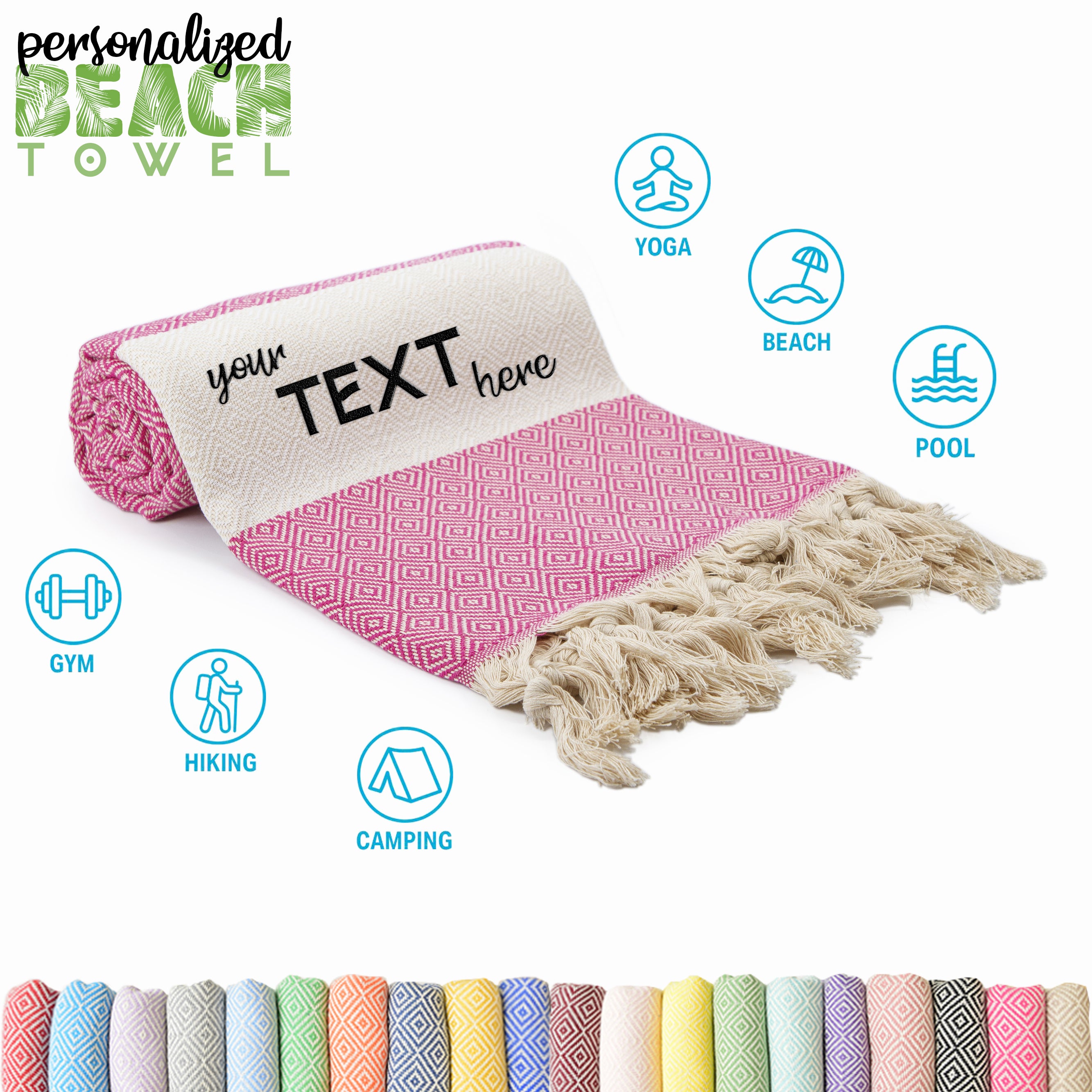 Hot Pink Turkish Beach Towel, Oversized Quick Dry Diamond Patterned Bath Towels