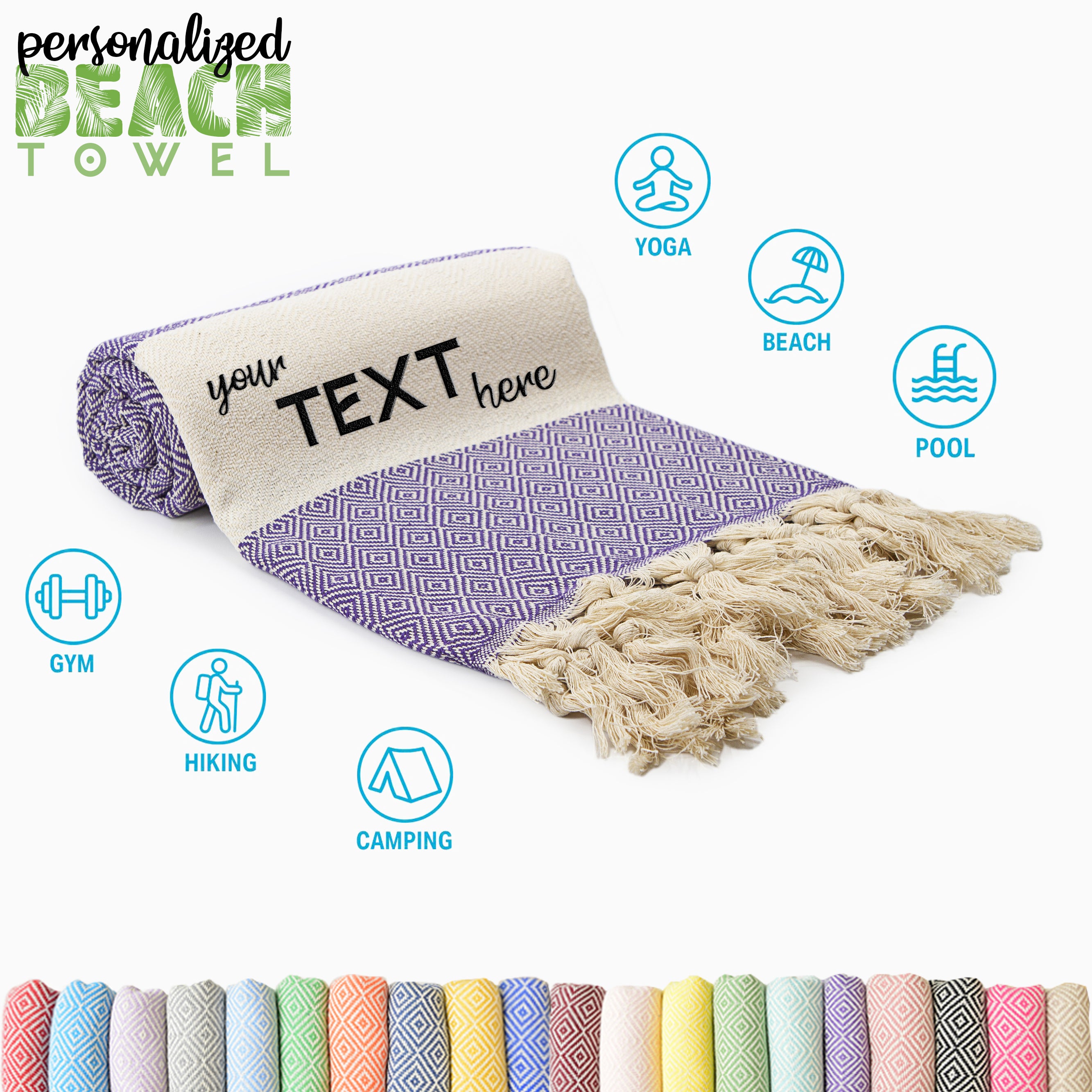 Violet Turkish Beach Towel, Oversized Quick Dry Diamond Patterned Bath Towels