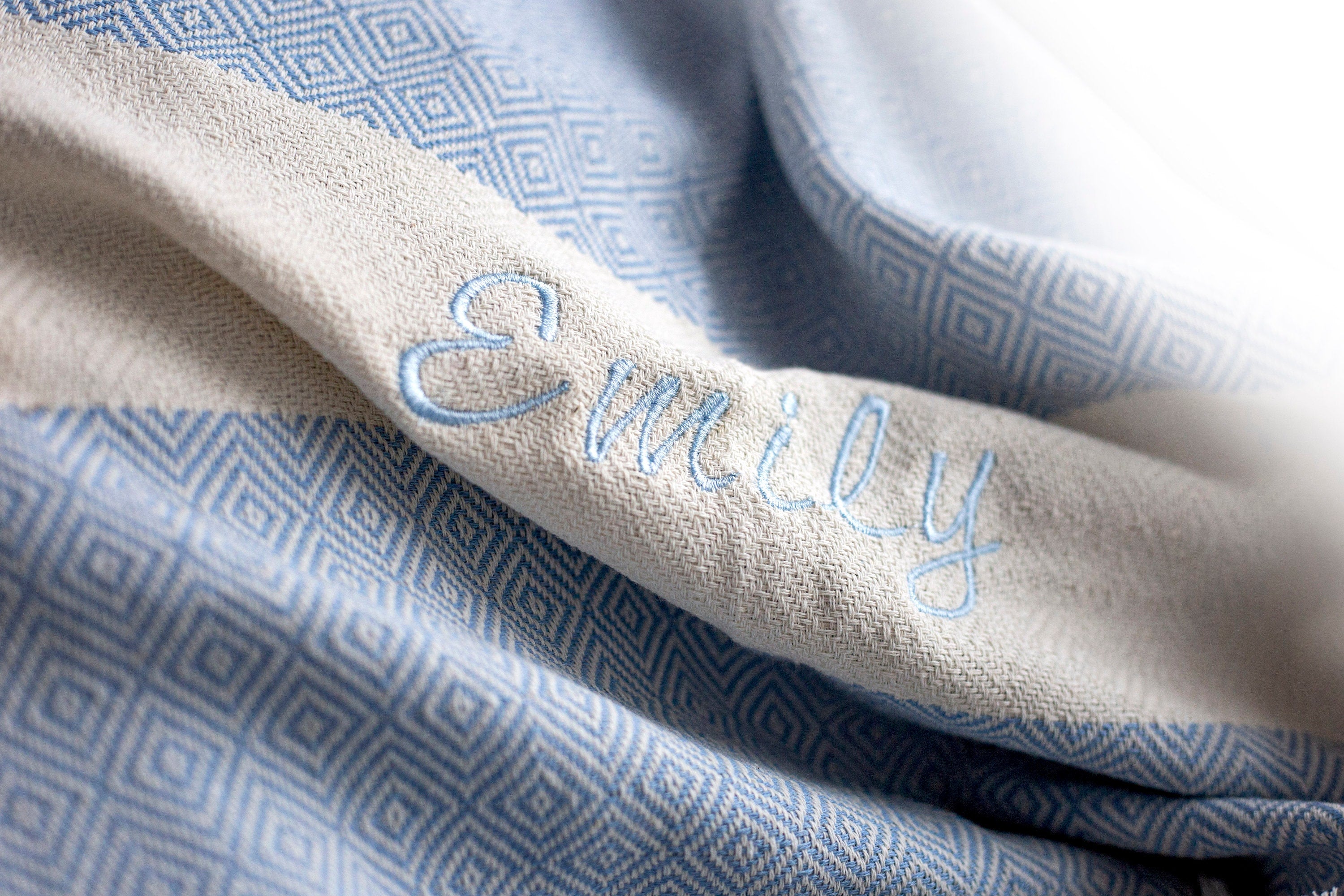 Baby Blue Turkish Beach Towel, Oversized Quick Dry Diamond Patterned Bath Towels