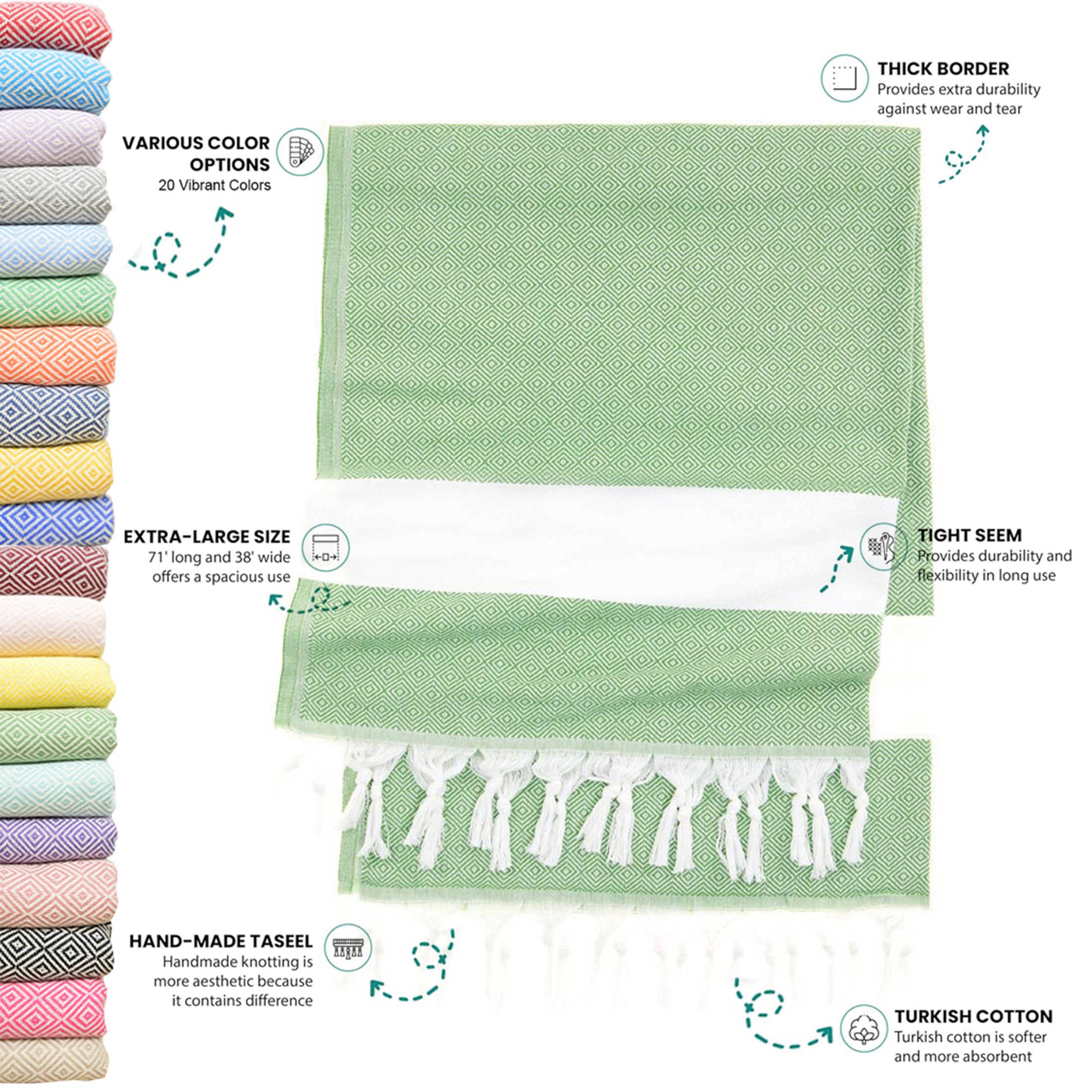 Apple Green Turkish Beach Towel, Oversized Quick Dry Diamond Patterned Bath Towels