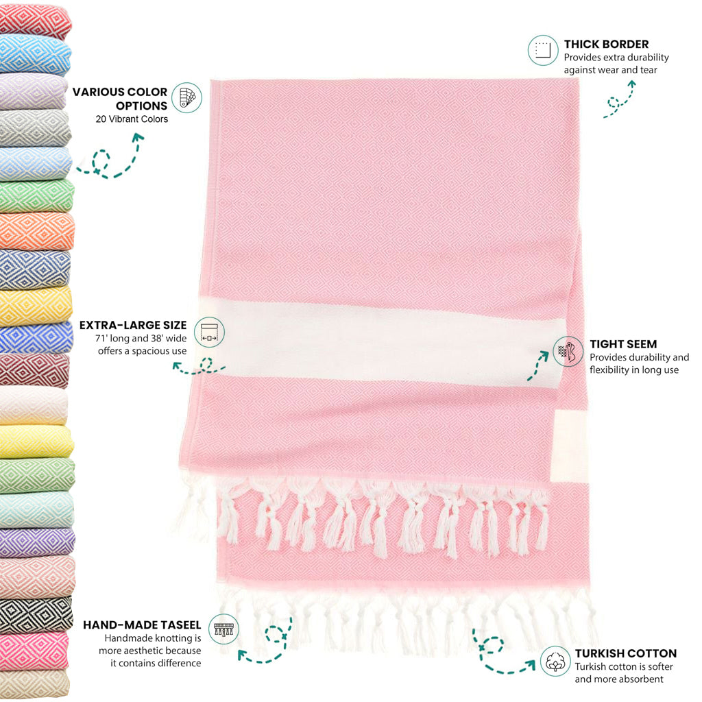 Baby Pink Turkish Beach Towel, Oversized Quick Dry Diamond Patterned Bath Towels