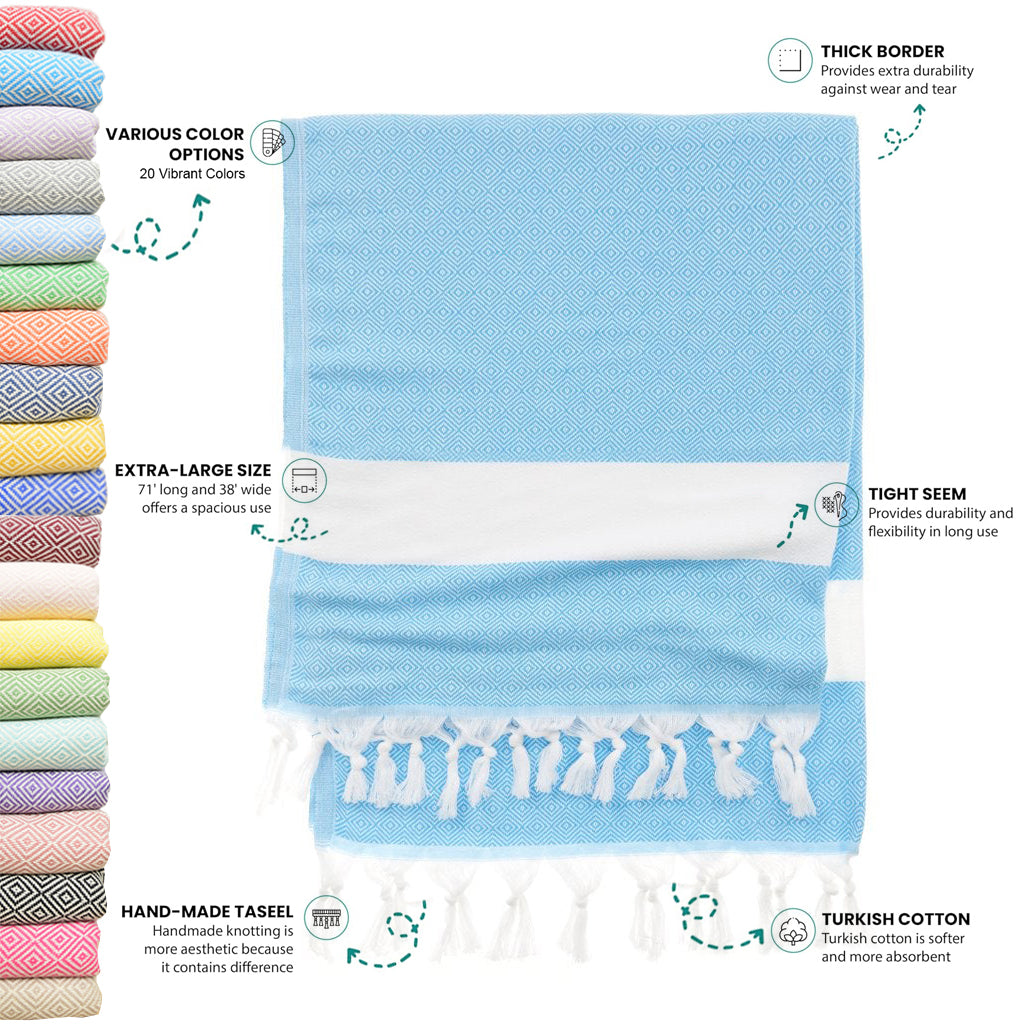 Turquoise Turkish Beach Towel, Oversized Quick Dry Diamond Patterned Bath Towels