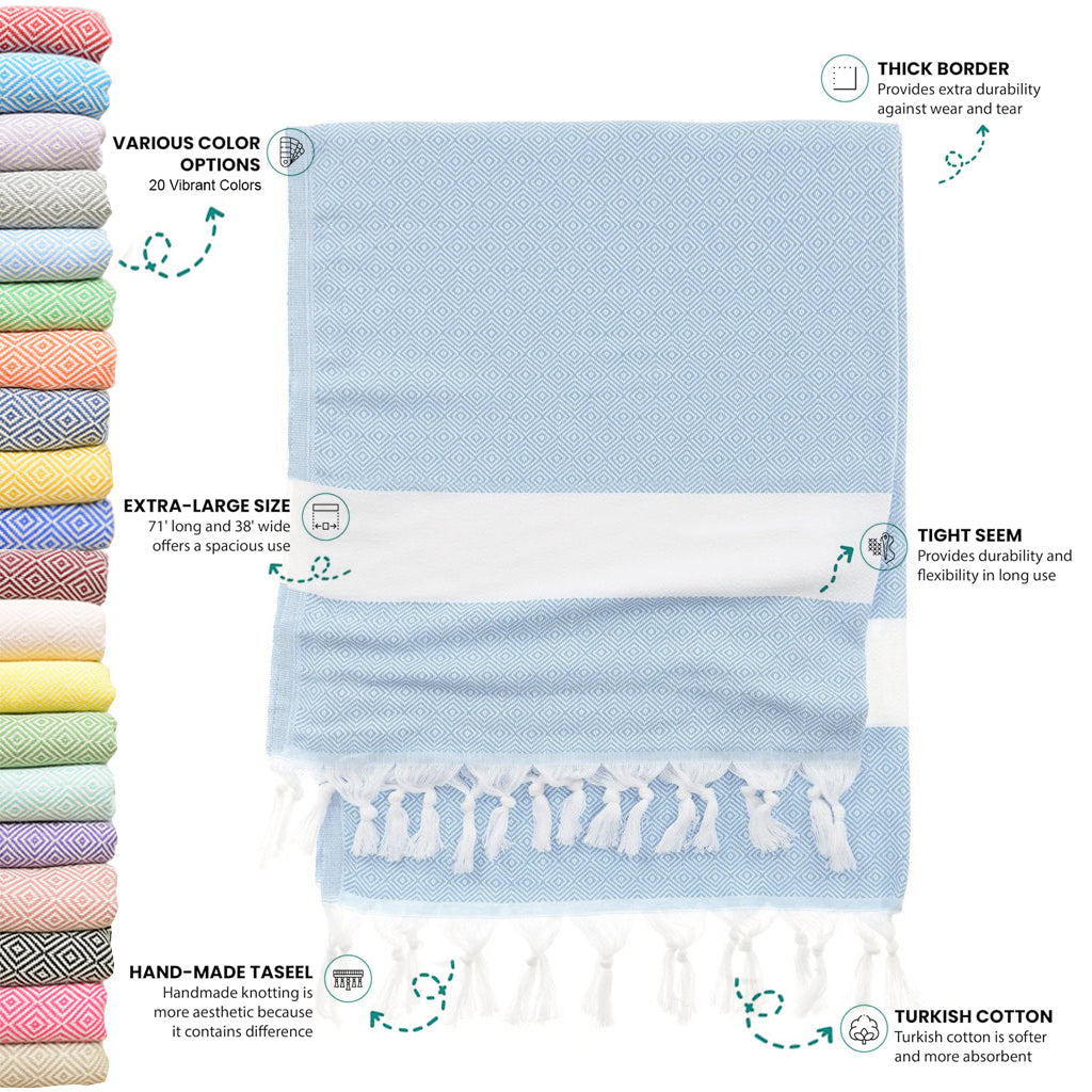 Baby Blue Turkish Beach Towel, Oversized Quick Dry Diamond Patterned Bath Towels
