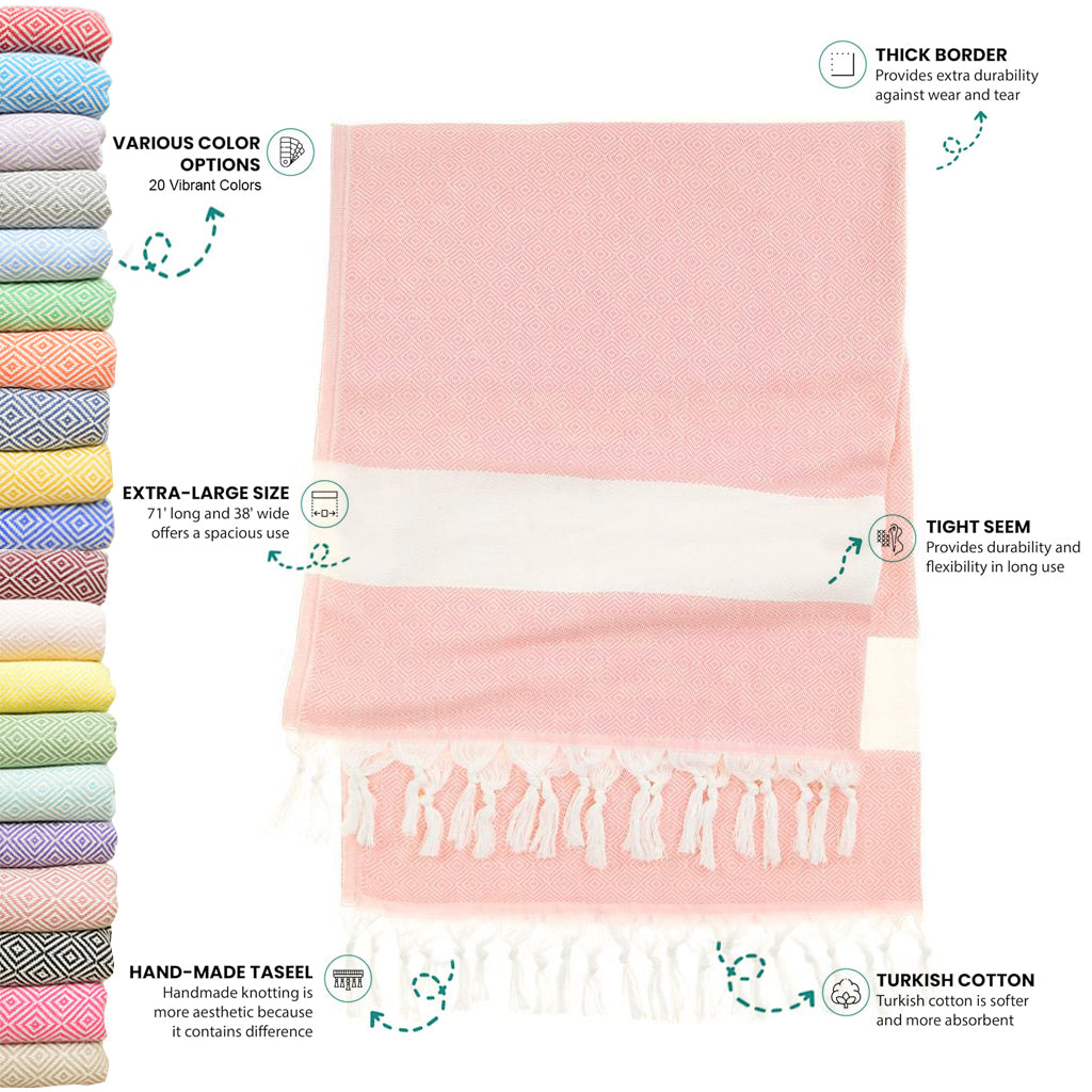 Rose Gold Turkish Beach Towel, Oversized Quick Dry Diamond Patterned Bath Towels