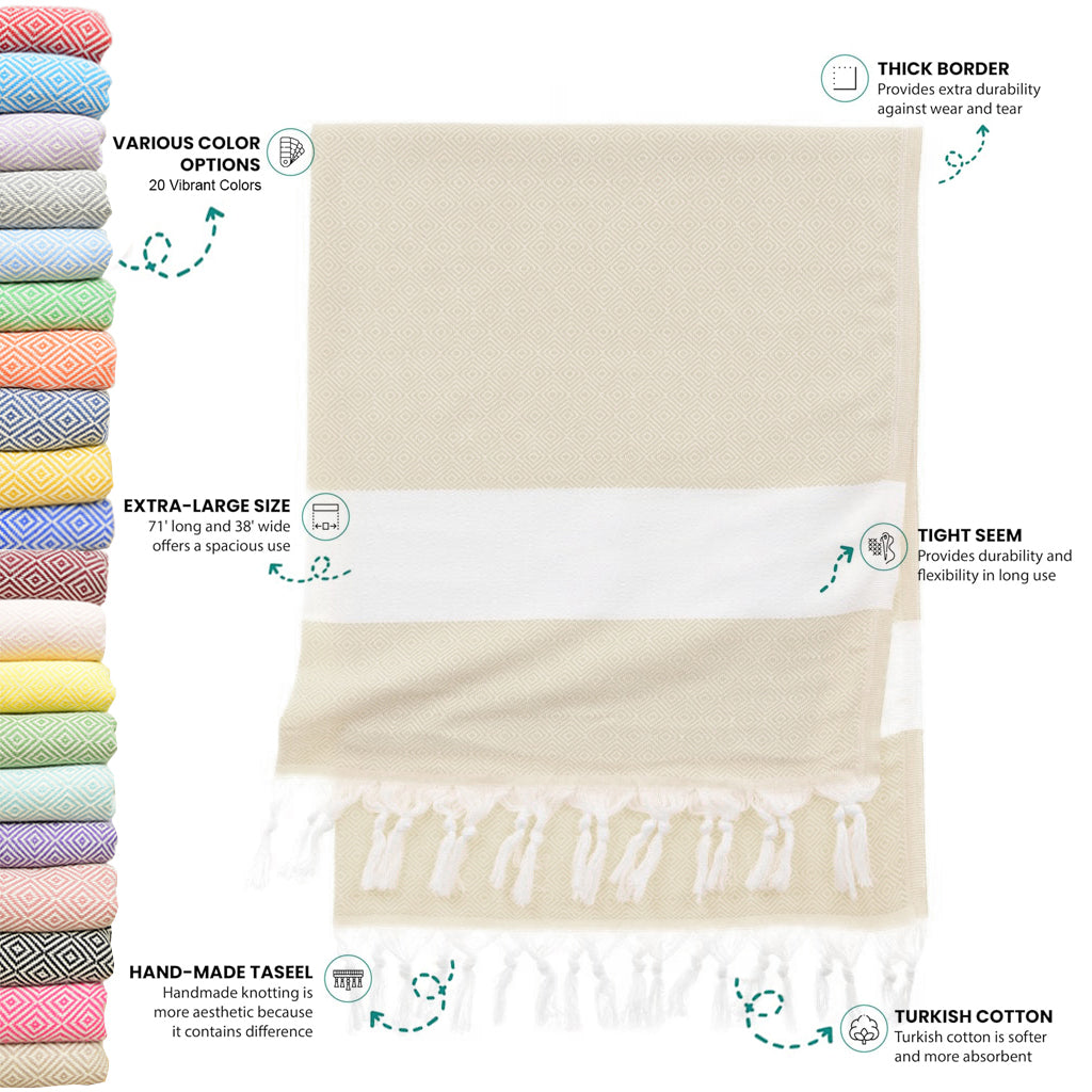 Cream Turkish Beach Towel, Oversized Quick Dry Diamond Patterned Bath Towels