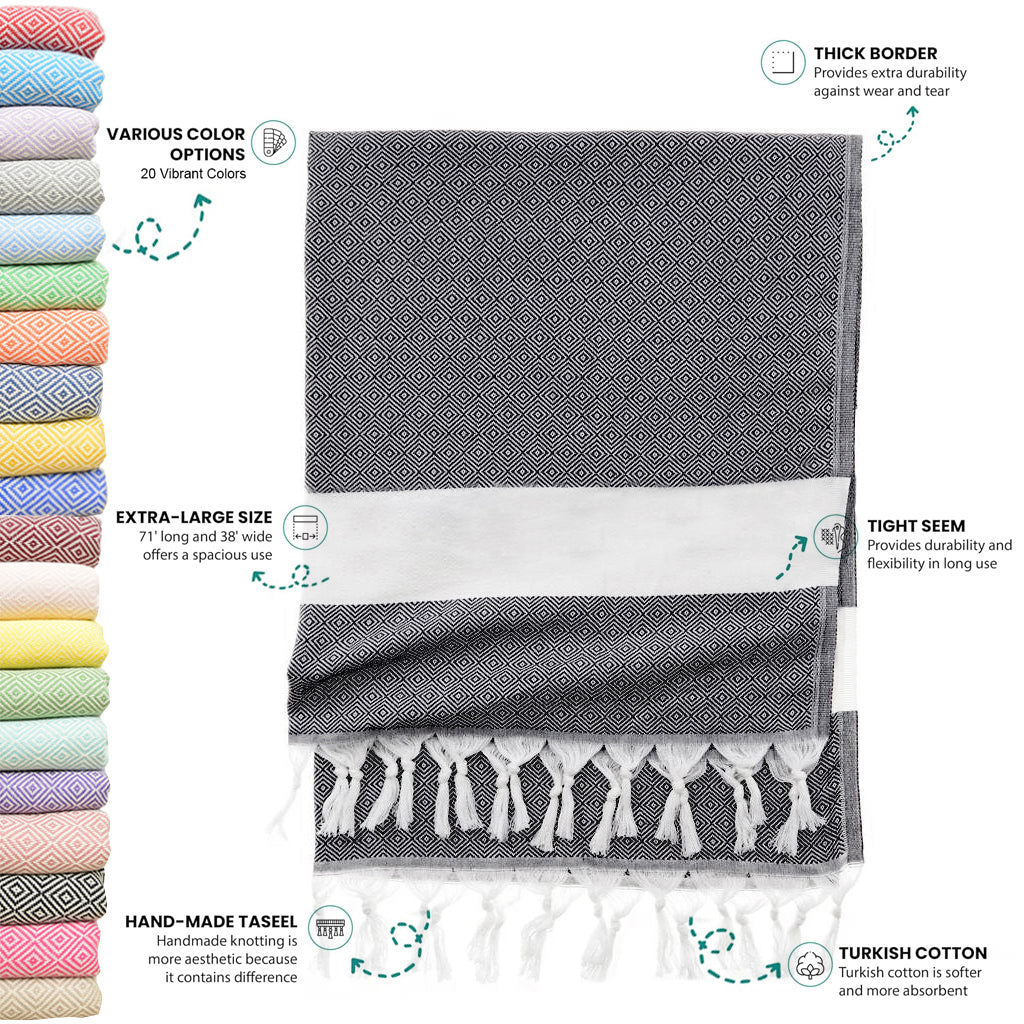 Black Turkish Beach Towel, Oversized Quick Dry Diamond Patterned Bath Towels