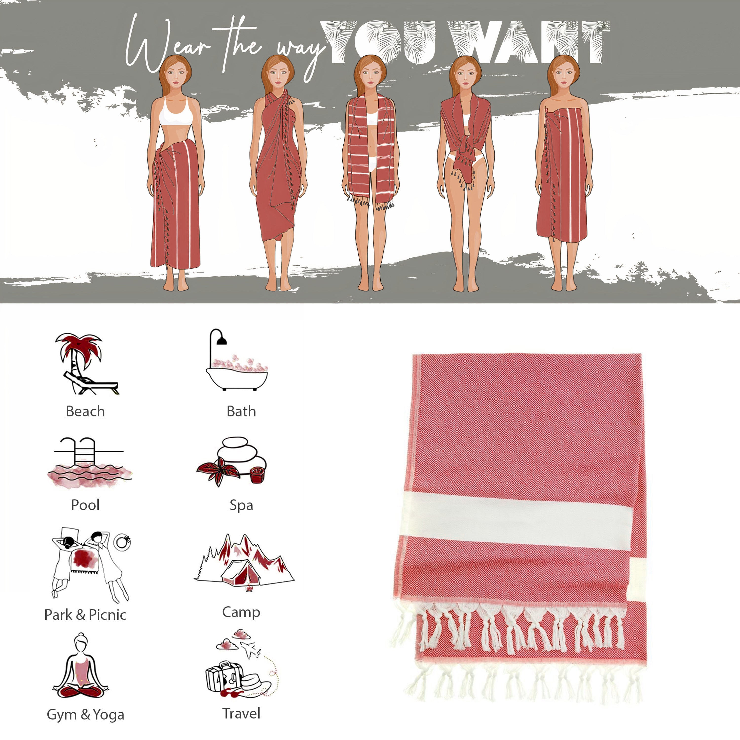 Crimson Red Turkish Beach Towel, Oversized Quick Dry Diamond Patterned Bath Towels