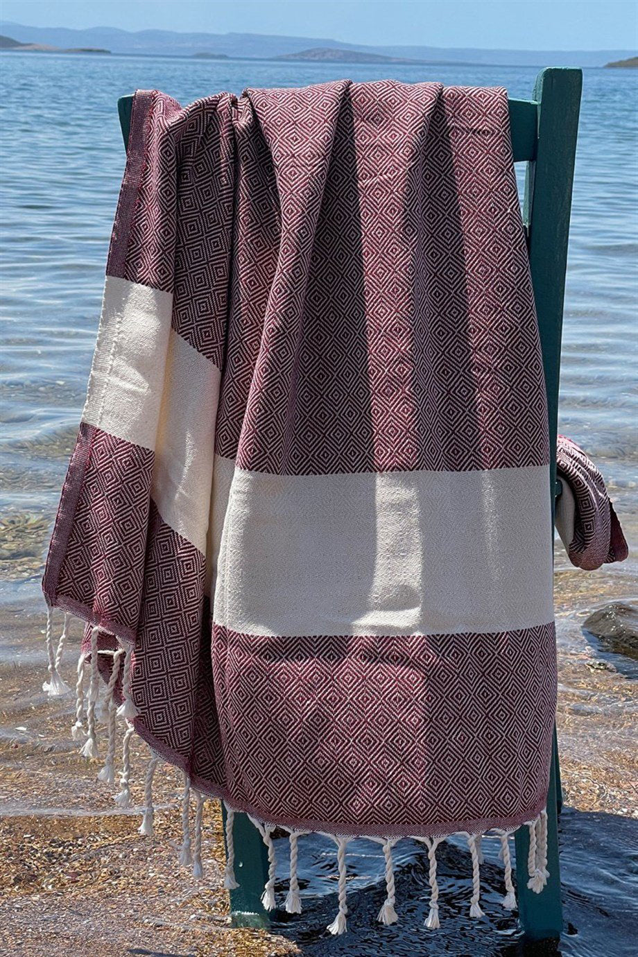 Wine Red Turkish Beach Towel, Oversized Quick Dry Diamond Patterned Bath Towels