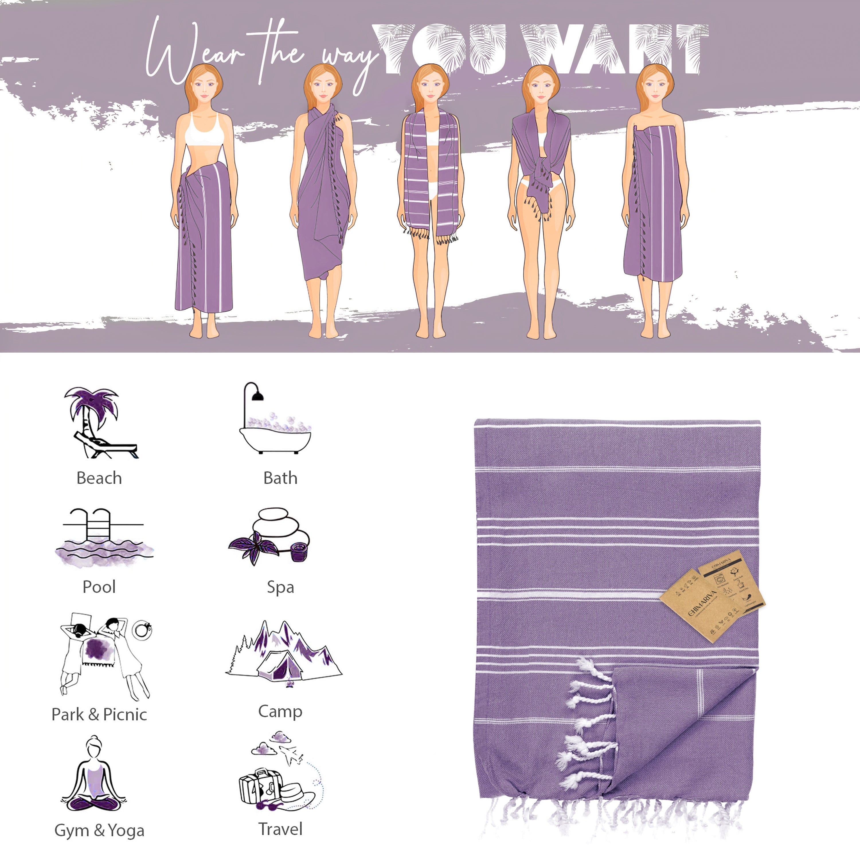 Purple Turkish Beach Towel, Oversized Quick Dry Bath Towels
