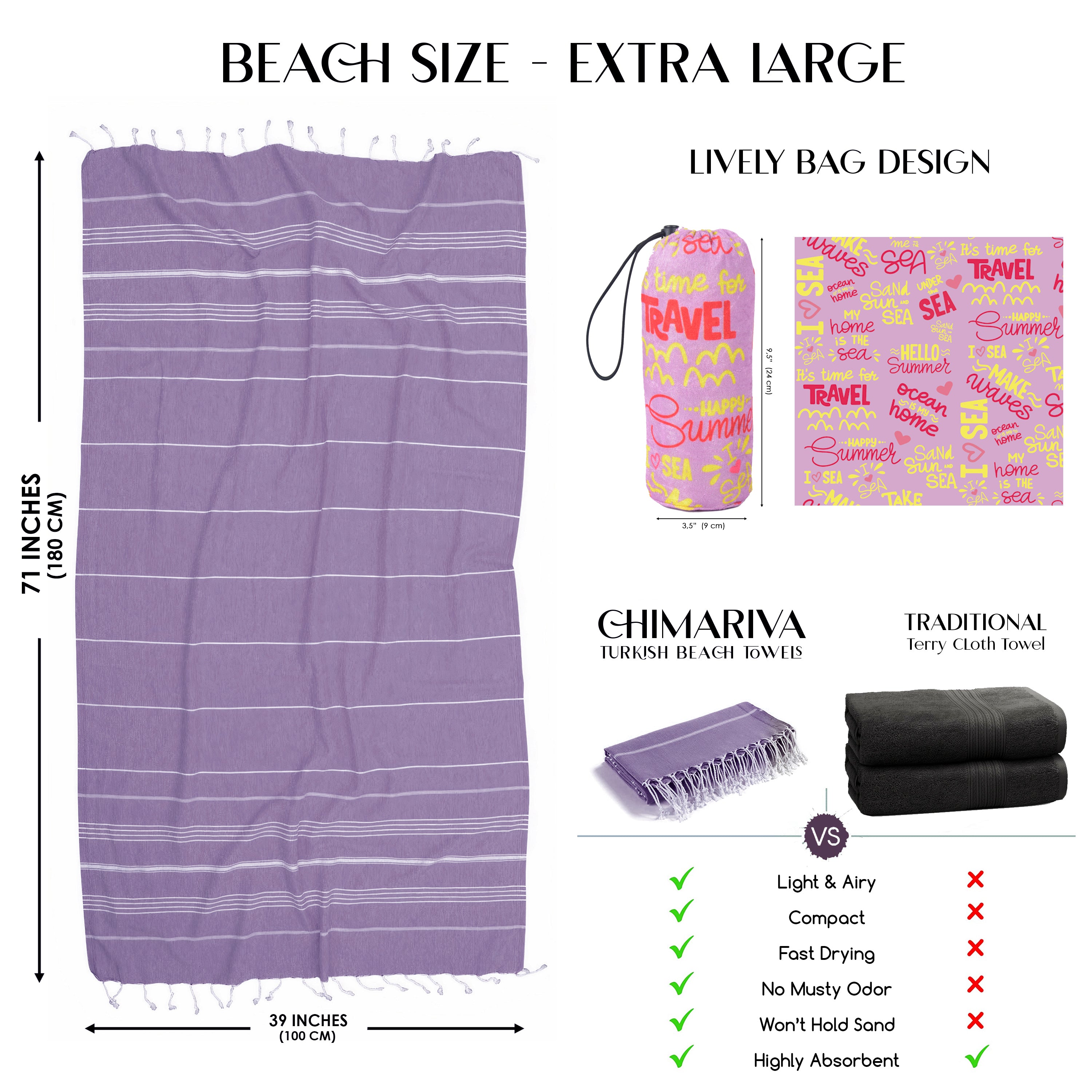 Purple Turkish Beach Towel, Oversized Quick Dry Bath Towels