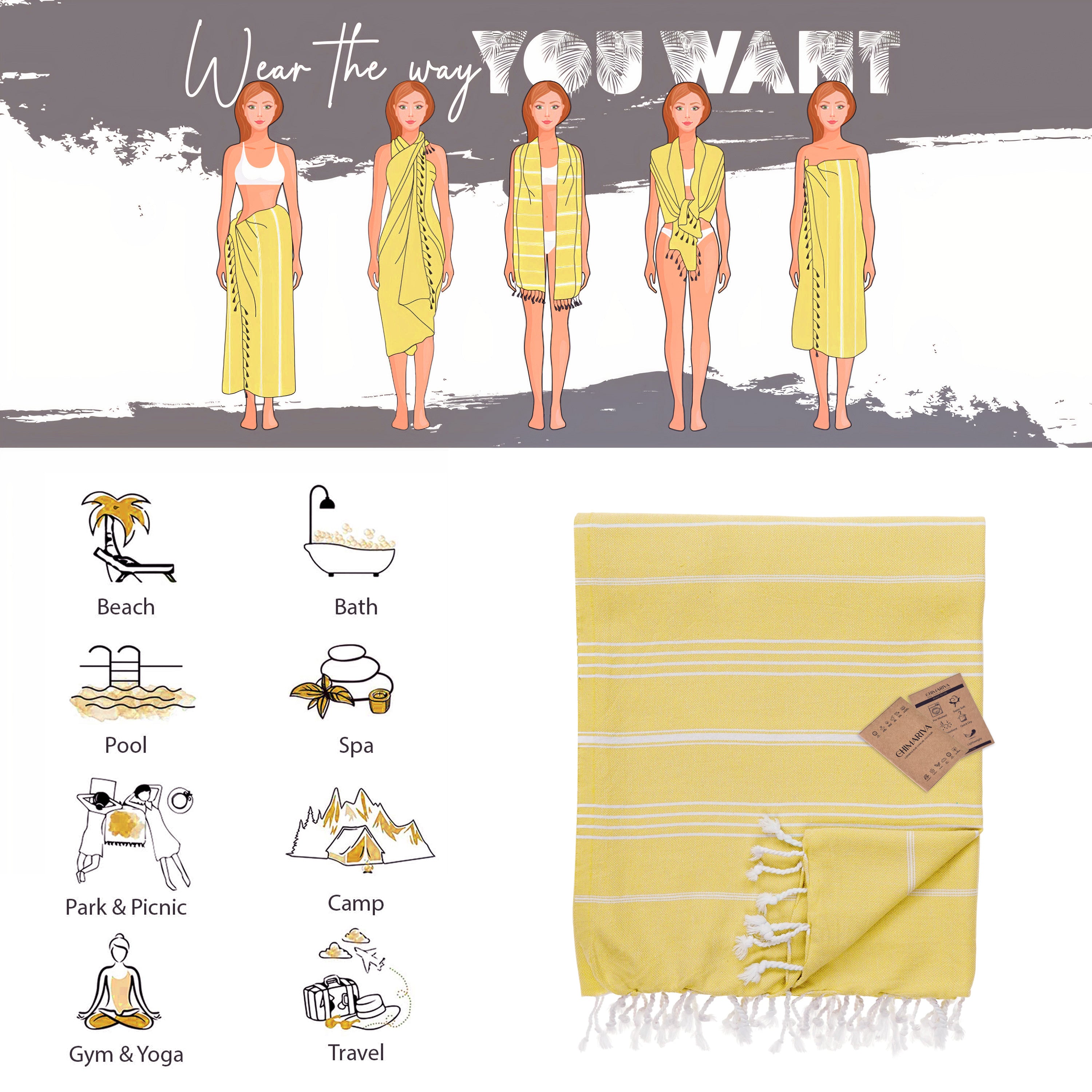 Yellow Turkish Beach Towel, Oversized Quick Dry Bath Towels