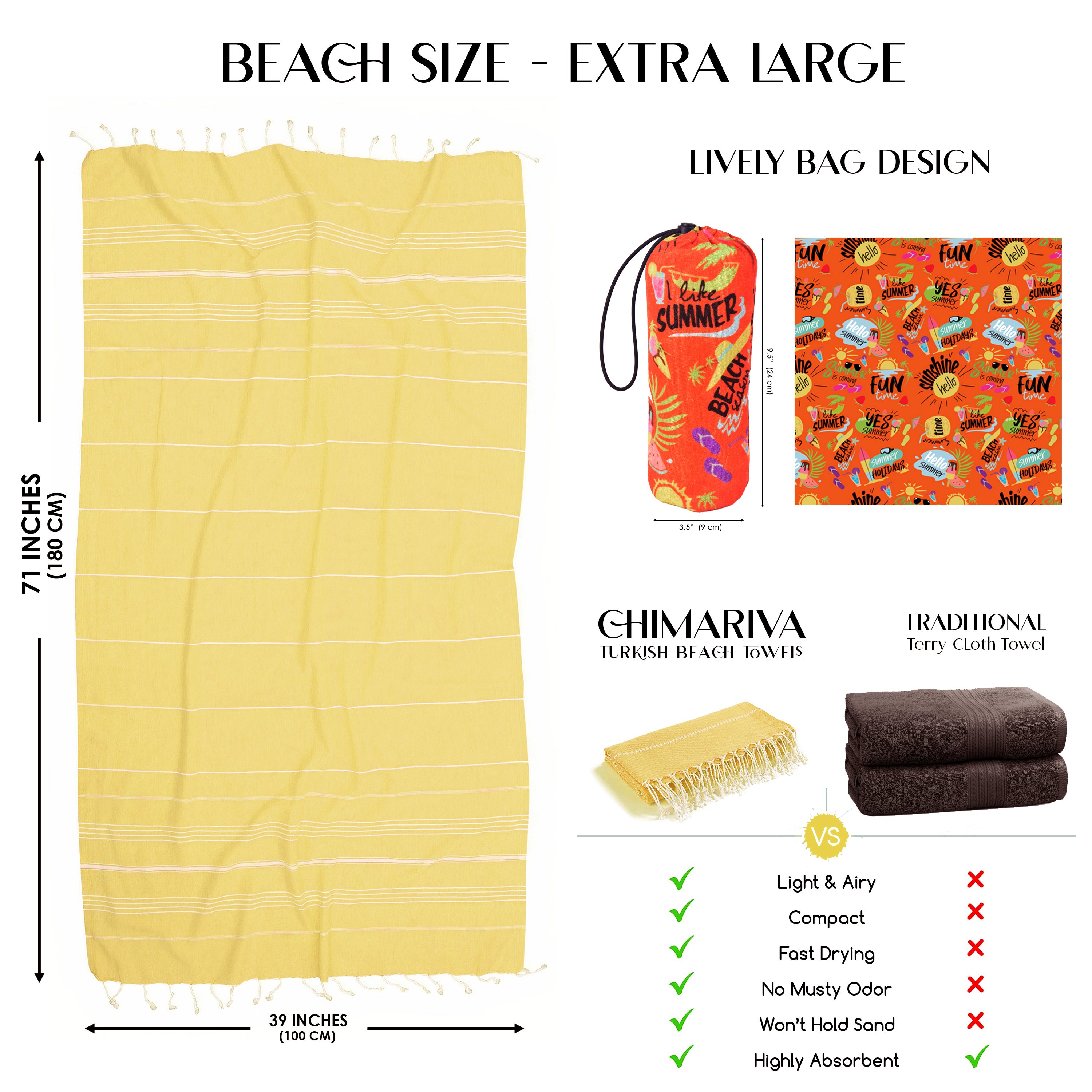 Yellow Turkish Beach Towel, Oversized Quick Dry Bath Towels