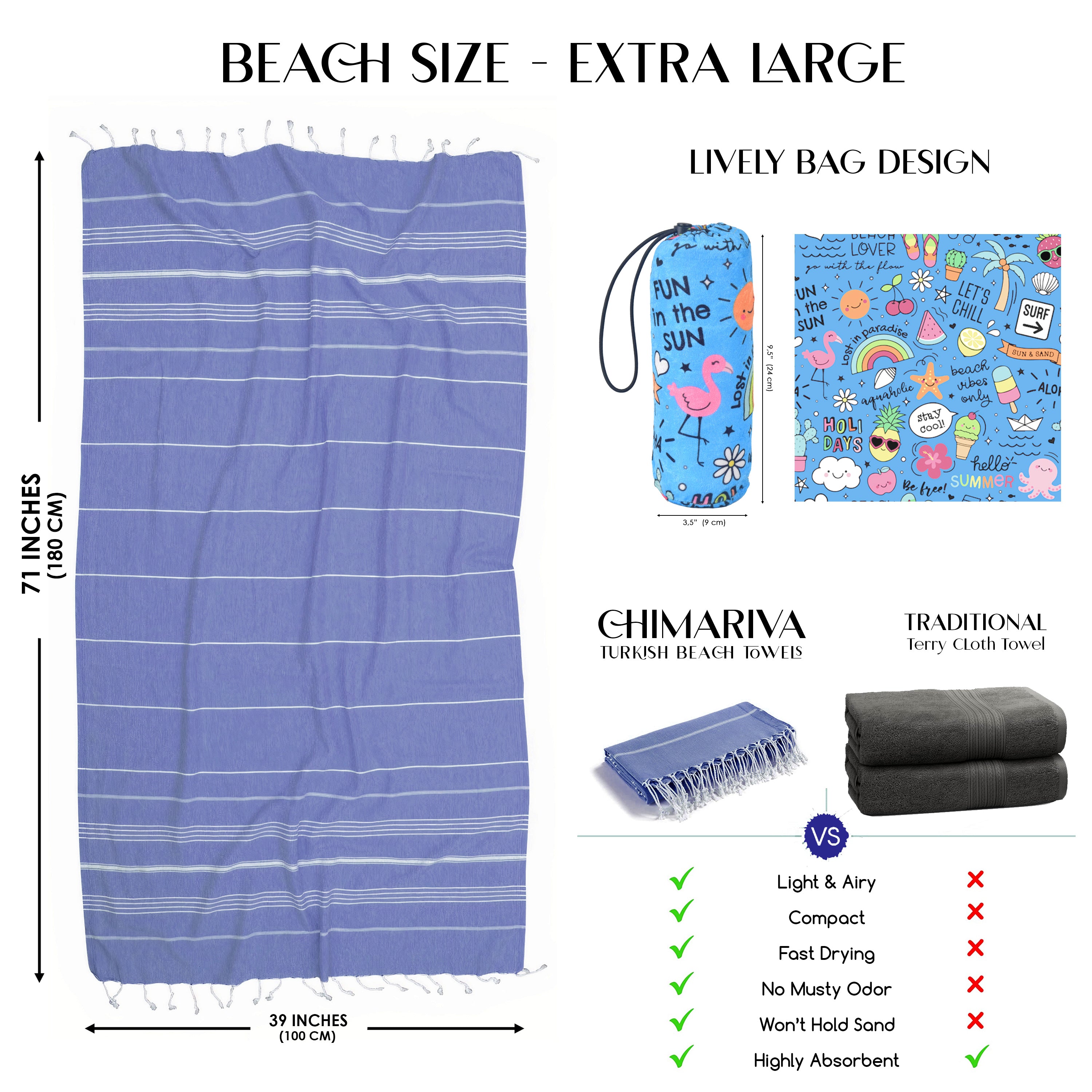 Blue Turkish Beach Towel, Oversized Quick Dry Bath Towels