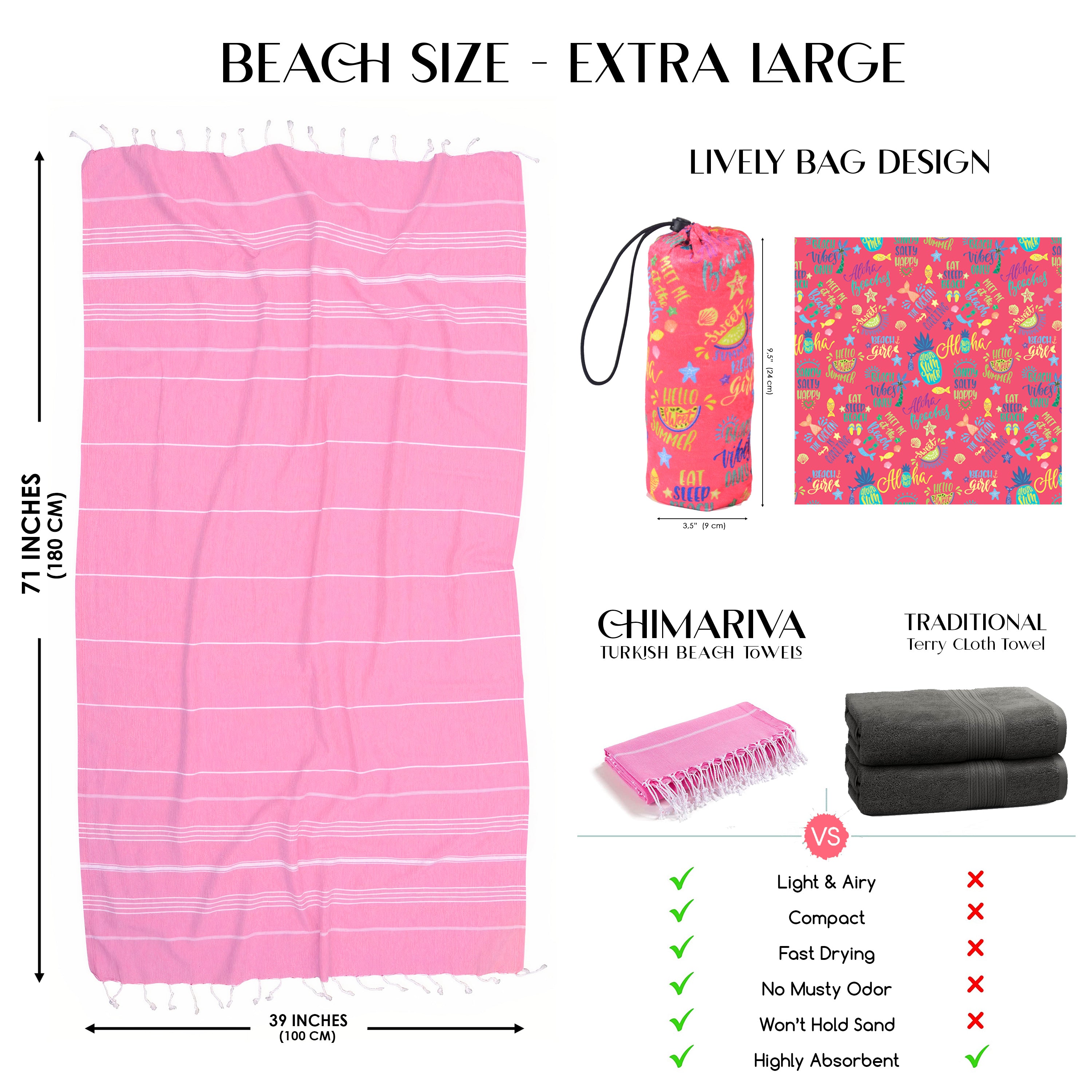 Fushia Turkish Beach Towel, Oversized Quick Dry Bath Towels