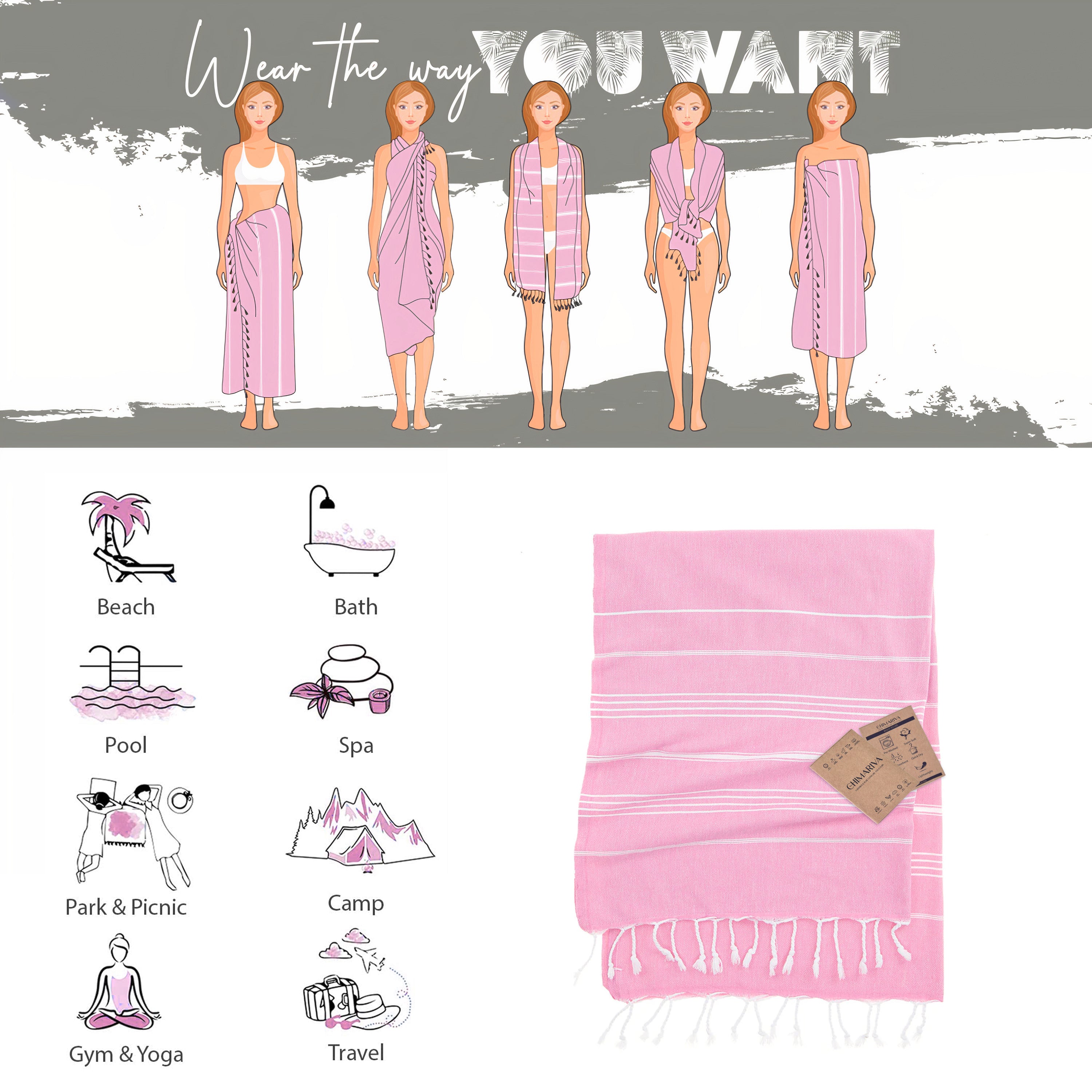 Light Pink Turkish Beach Towel, Oversized Quick Dry Bath Towels