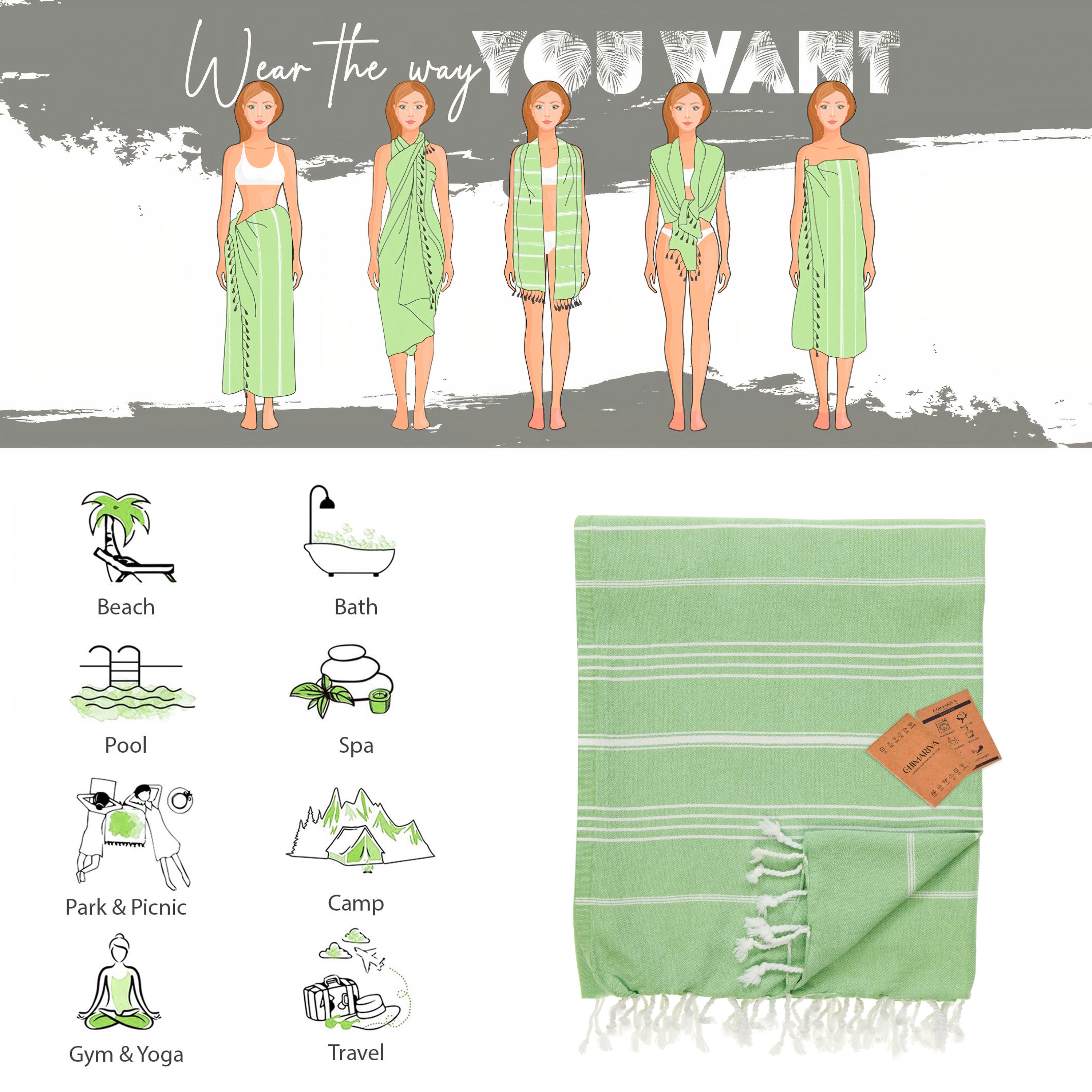 Lime Green Turkish Beach Towel, Oversized Quick Dry Bath Towels