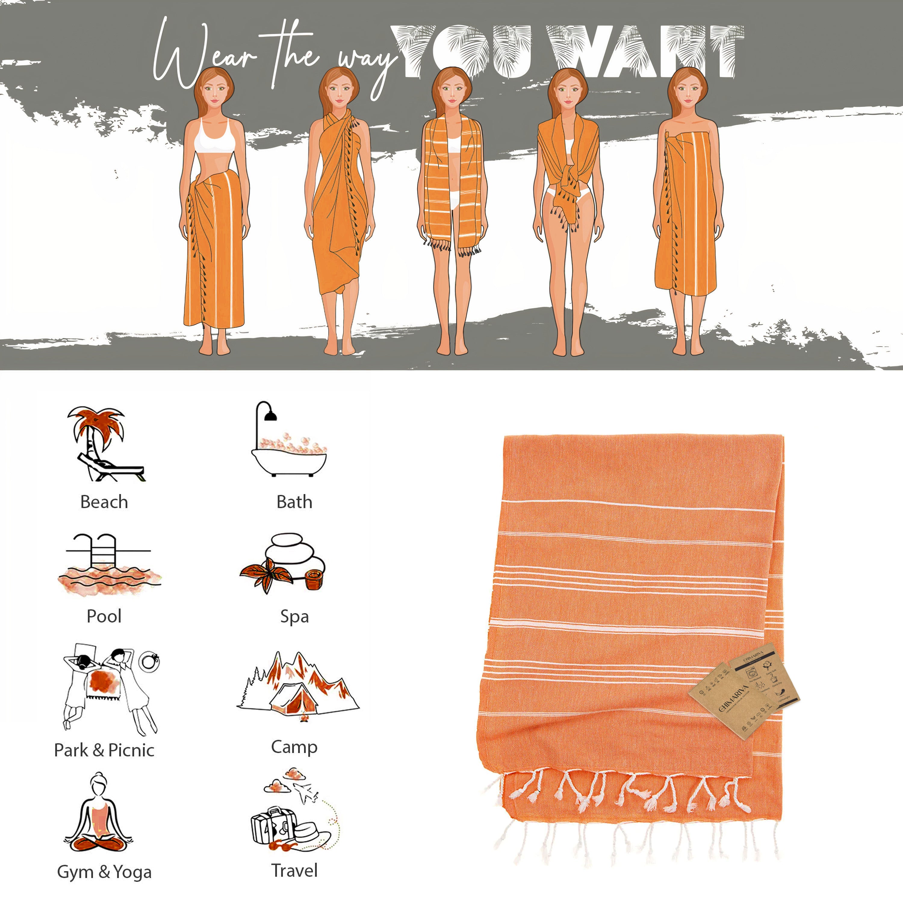 Orange Turkish Beach Towel, Oversized Quick Dry Bath Towels