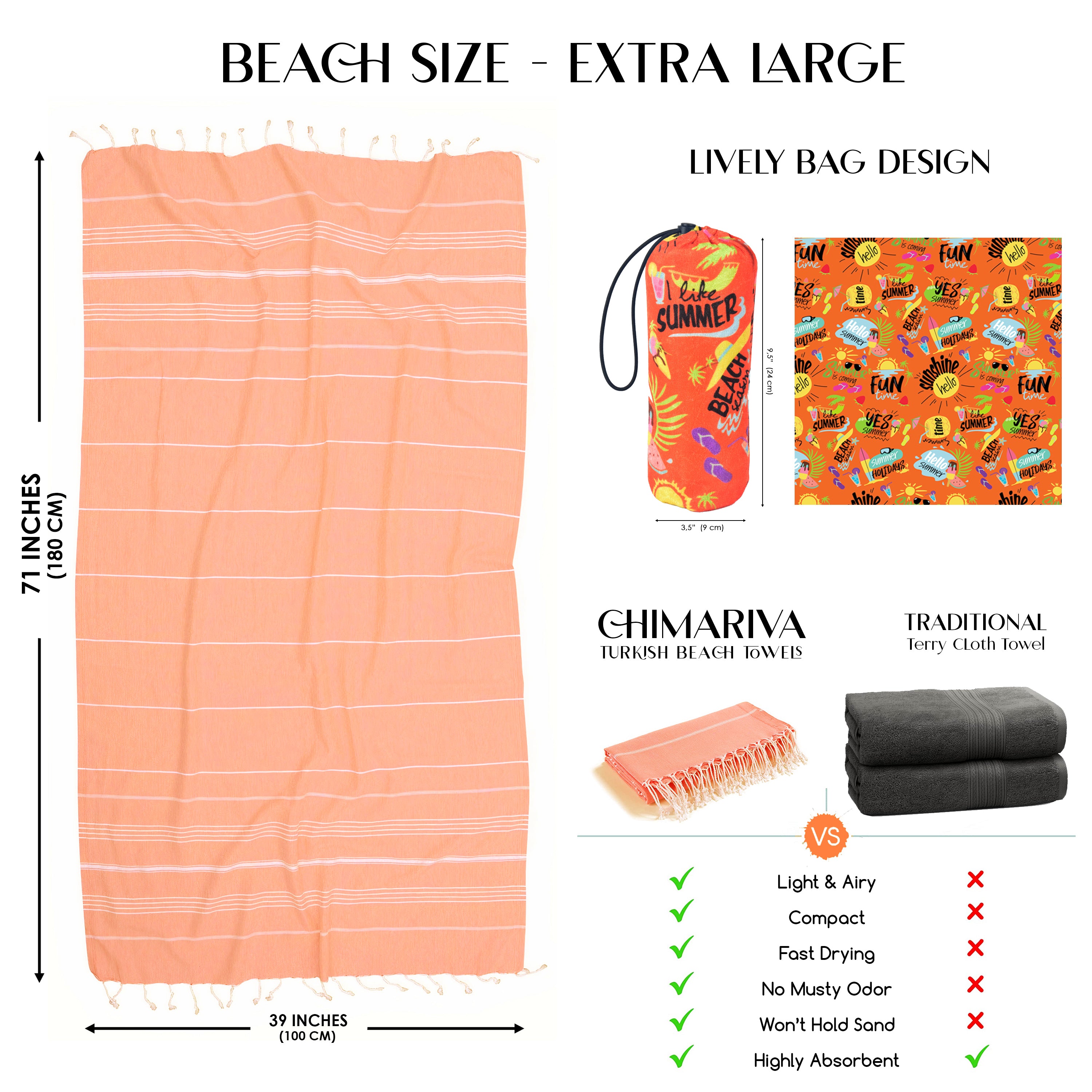 Orange Turkish Beach Towel, Oversized Quick Dry Bath Towels