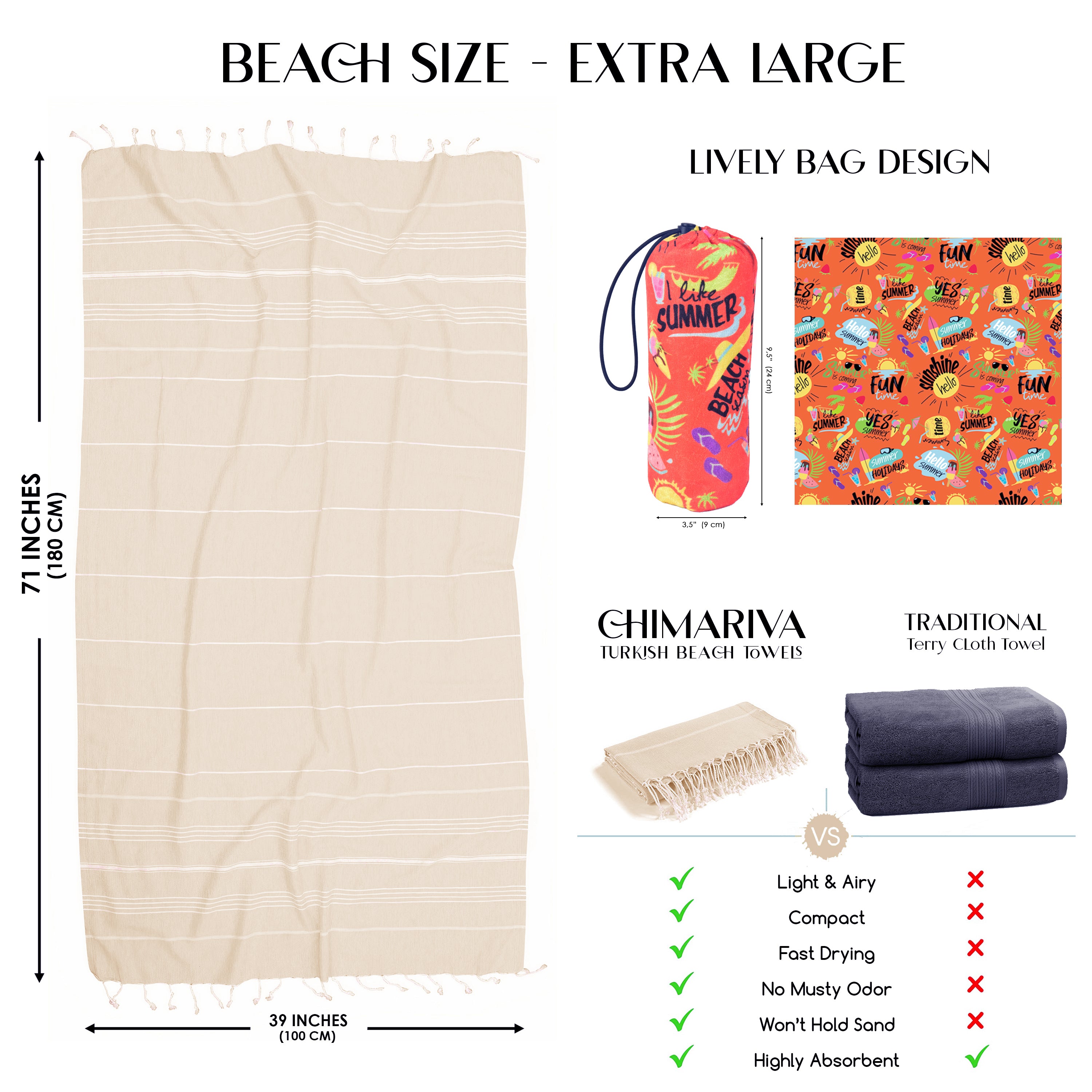 Beige Turkish Beach Towel, Oversized Quick Dry Bath Towels