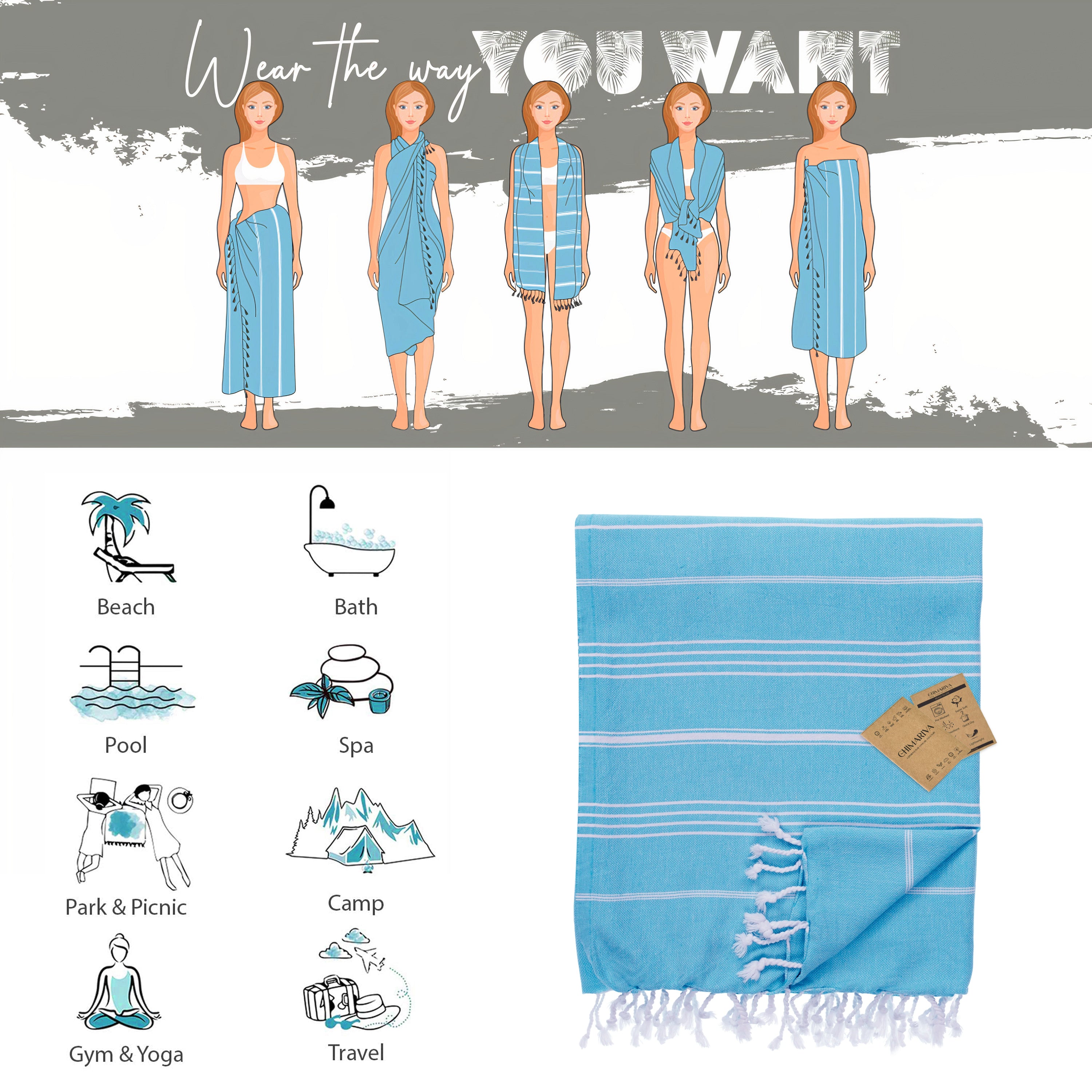 Turquoise Turkish Beach Towel, Oversized Quick Dry Bath Towels