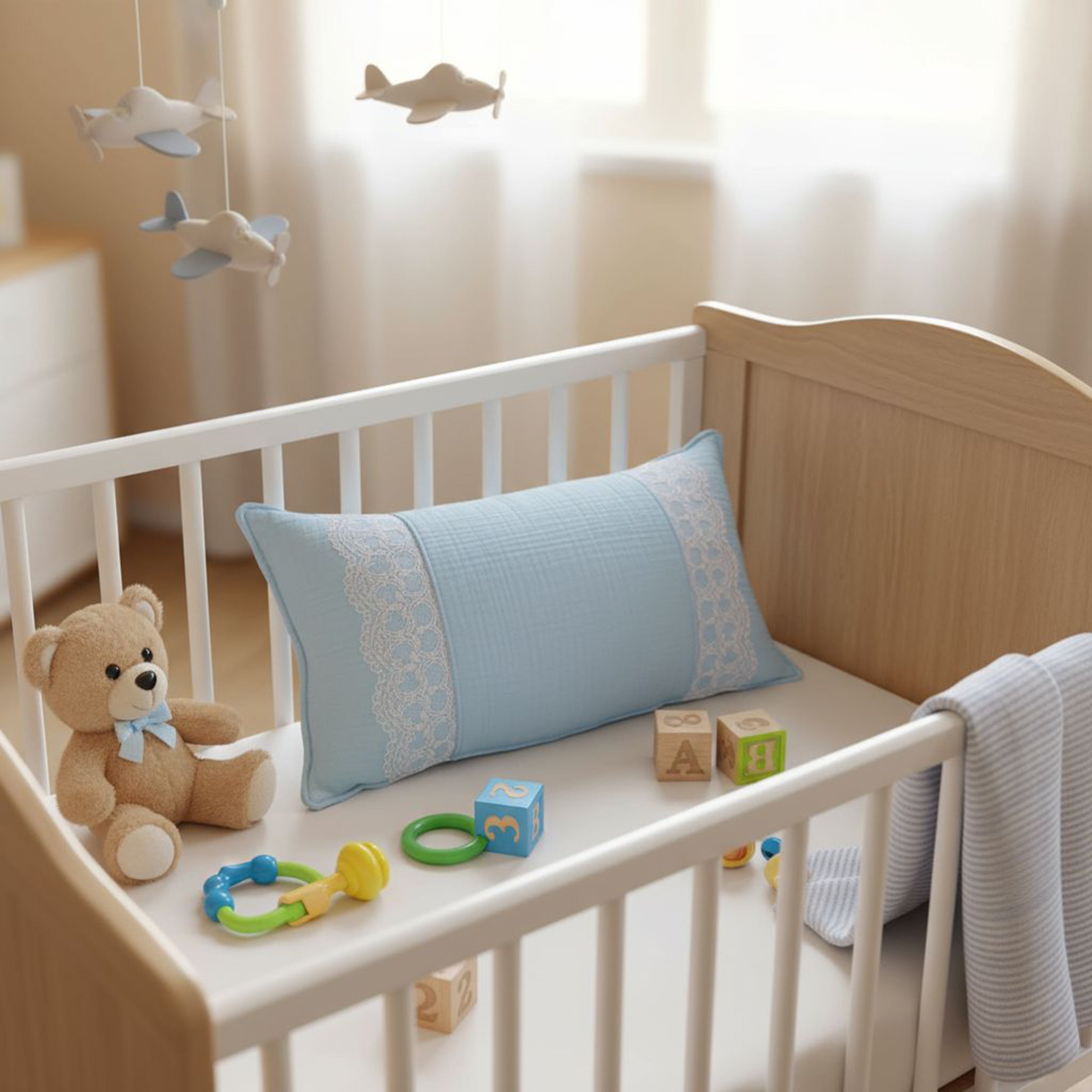 Custom Baby Name Pillow with Lace Detail, Personalized Organic Muslin Embroidered Cushion, Elegant Baby Shower Gift Idea