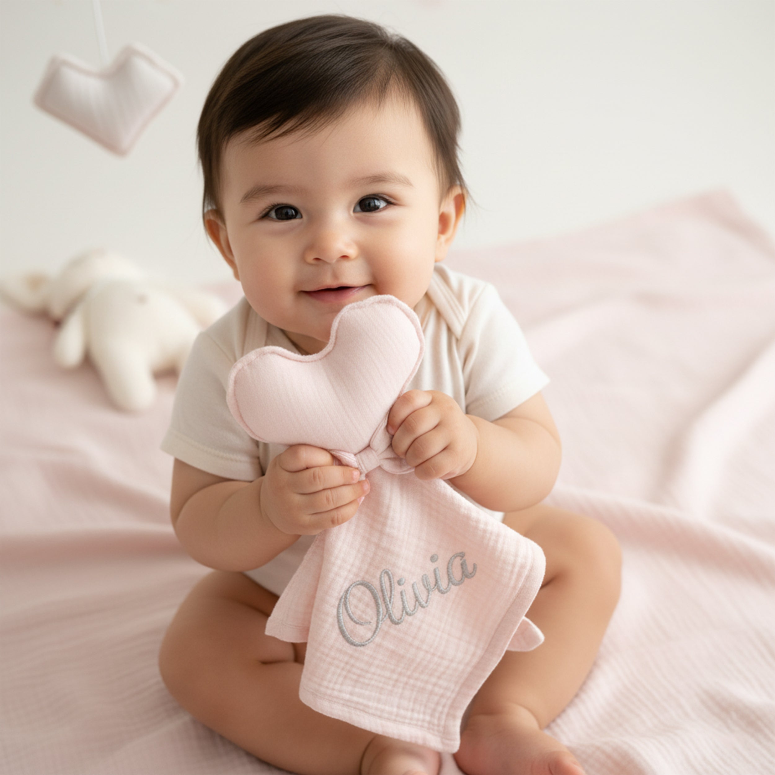 Handmade Personalized Muslin Sleeping Companion, Organic Cotton Baby Lovey with Name, Custom Baby Snuggle Toy Gift