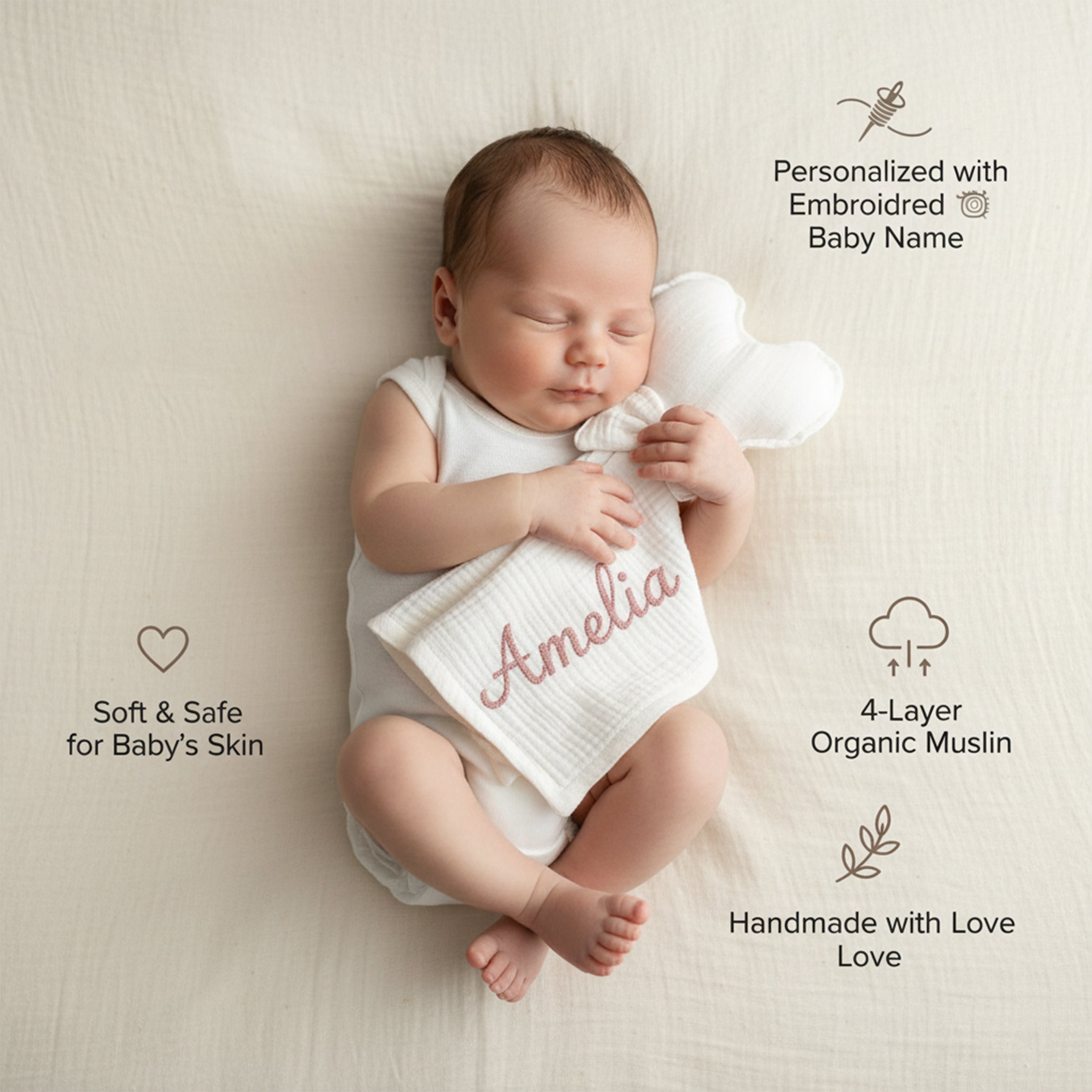Handmade Personalized Muslin Sleeping Companion, Organic Cotton Baby Lovey with Name, Custom Baby Snuggle Toy Gift