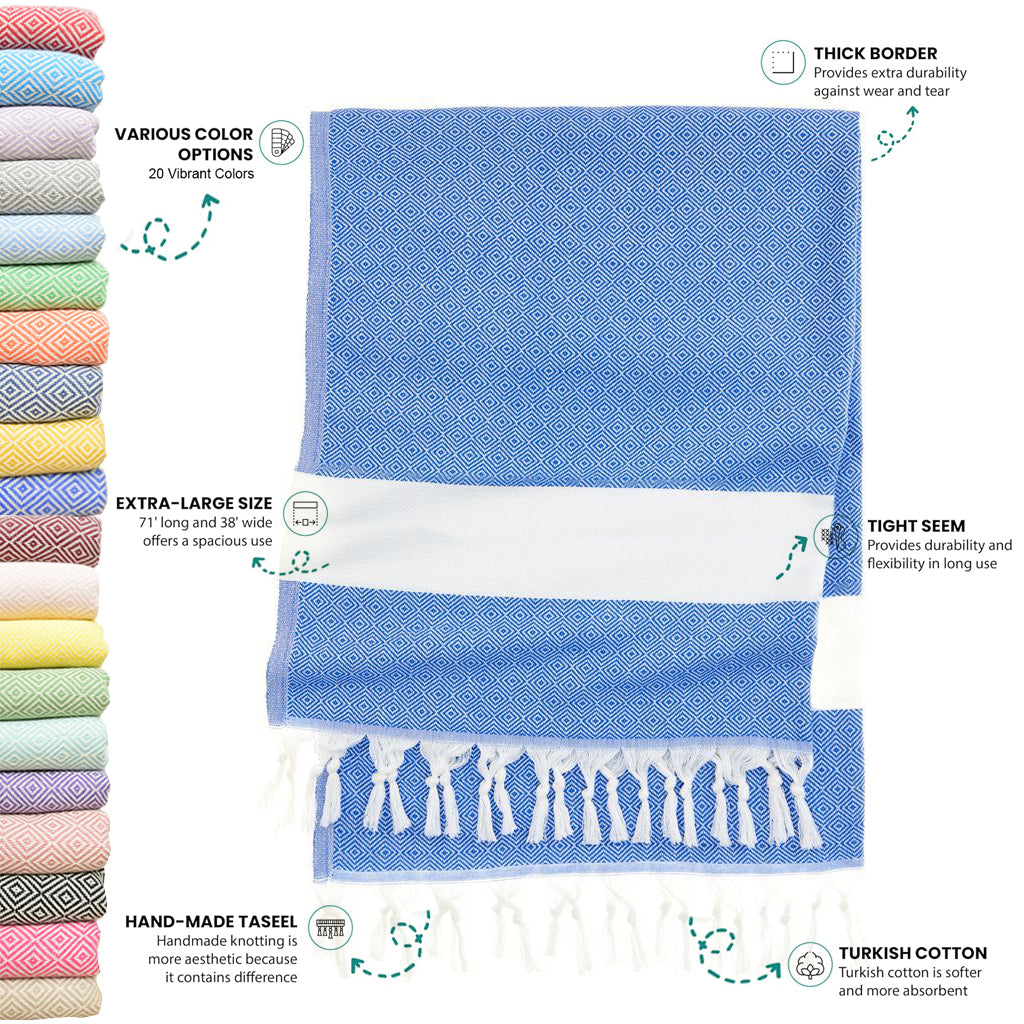 Azure Blue Turkish Beach Towel, Oversized Quick Dry Diamond Patterned Bath Towels